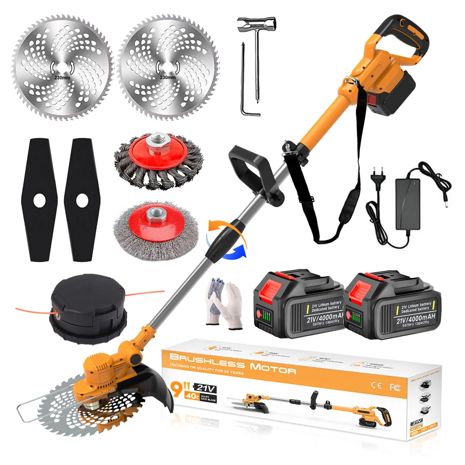 Rasentrimmer mit Akku und Unkrautbürste, 21V Bürstenloser Freischneider Akku Elektro Motorsense mit 4 Klingentypen & Ladegerät, Verstellbarer Griff, 90°Schwenkbarem Kopf, Orange,b