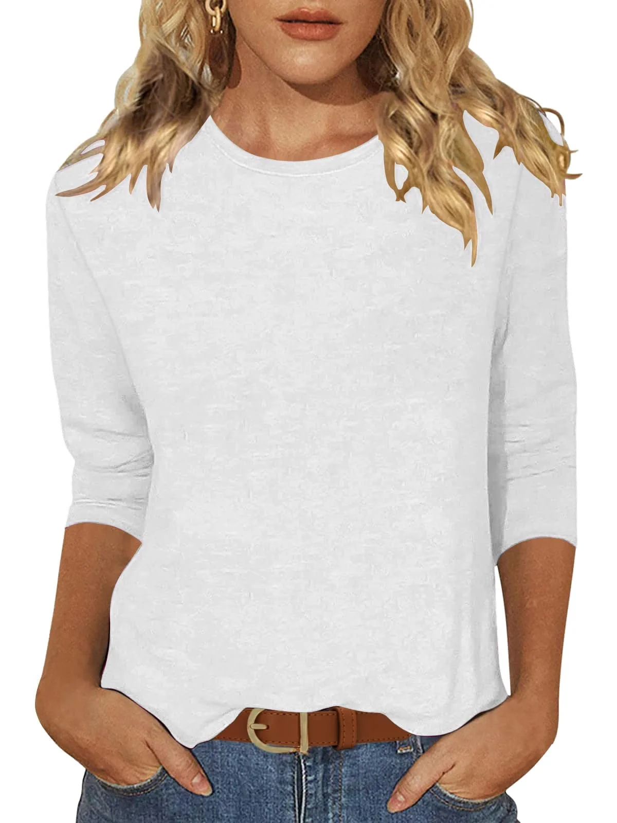 Enqoole T Shirt Damen 3/4 Arm Shirt Casual Rundhals Basic Tshirt | Sommer Tunika,Leichte,Lockere Passform,Einfarbige T Shirts,Bequem Oberteile