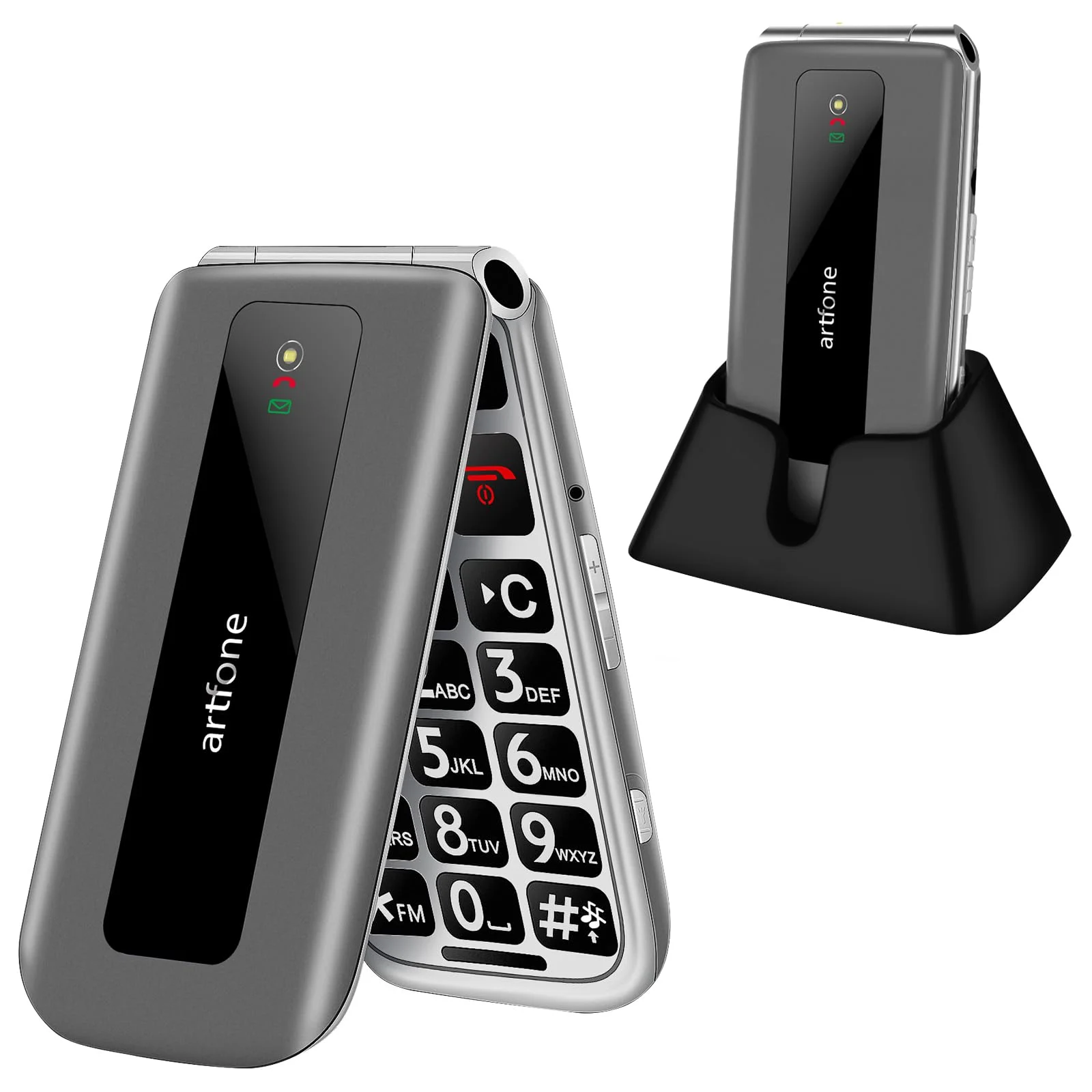 artfone 4G Seniorenhandy Klapphandy Ohne Vertrag丨Großtasten Mobiltelefon丨2,4 Zoll Farbdisplay丨SOS Notruftaste丨Ladestation丨Handy für Senioren丨FM Radio丨1300mAh Akku丨Zeitansagefunktion - Silbergrau