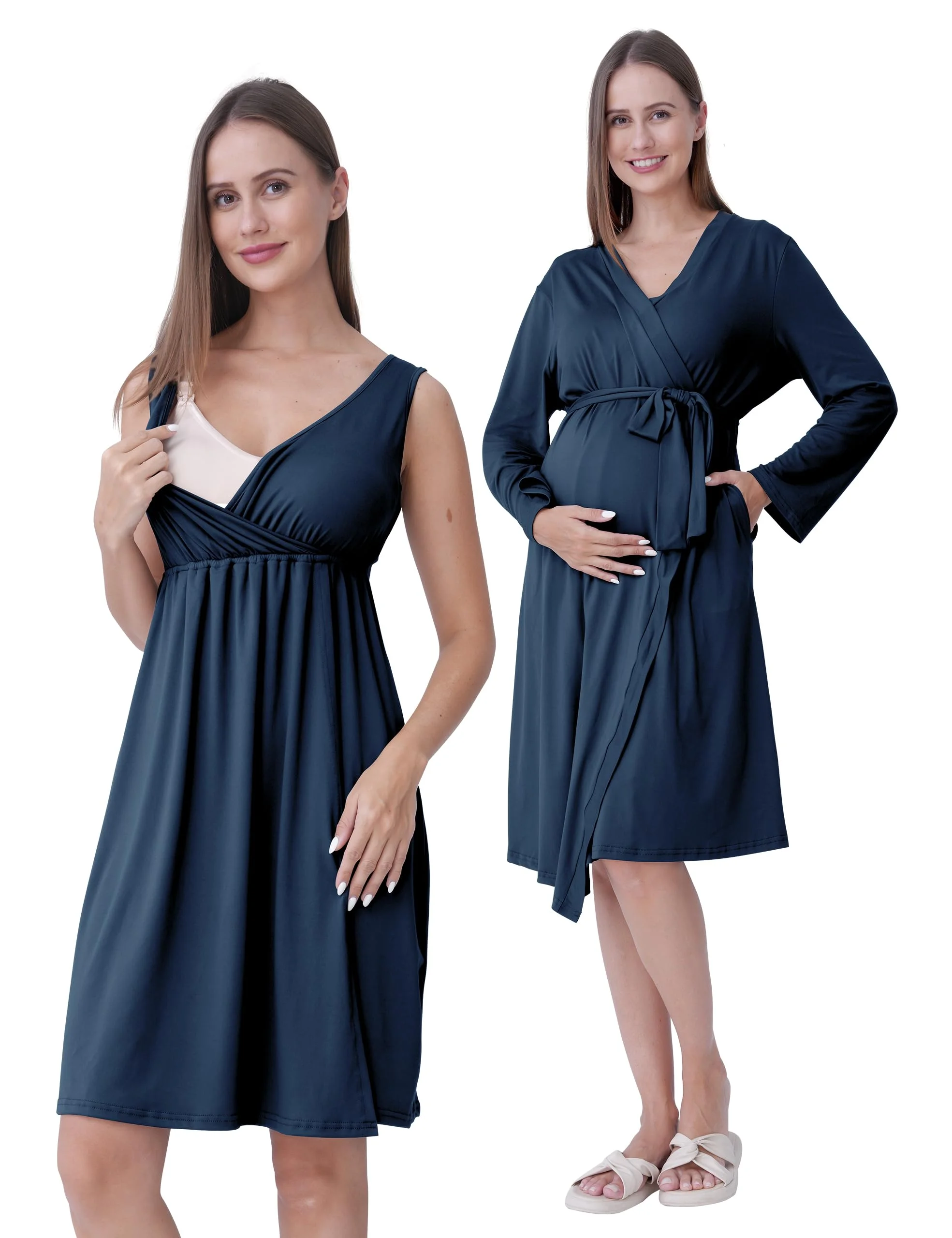 SUNNYBUY Umstands- & Stillnachthemd mit Morgenmantel 2-teilig | 3-in-1 Krankenhaus Nachtwäsche, Geburt & Wochenbett, Stillfreundlich, Morgenmantel mit Taschen