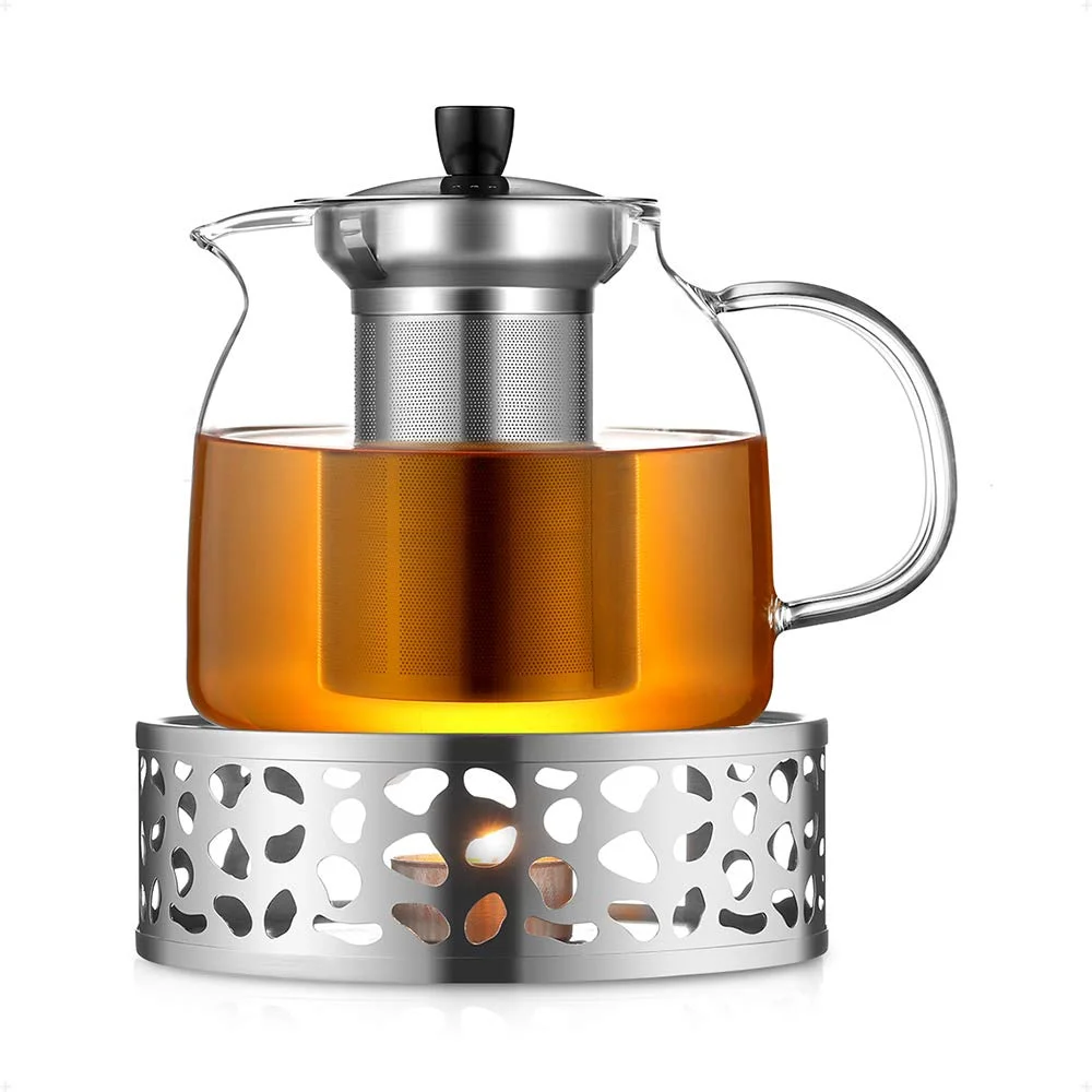 ecooe Teekanne aus Glas mit Teesieb, 1000 ml, mit Teewärmer 18/8 Edelstahl, Teekanne aus Glas mit herausnehmbarem Einsatz aus Edelstahl, für Schwarztee, Grüntee, duftender Tee, Fruchtee
