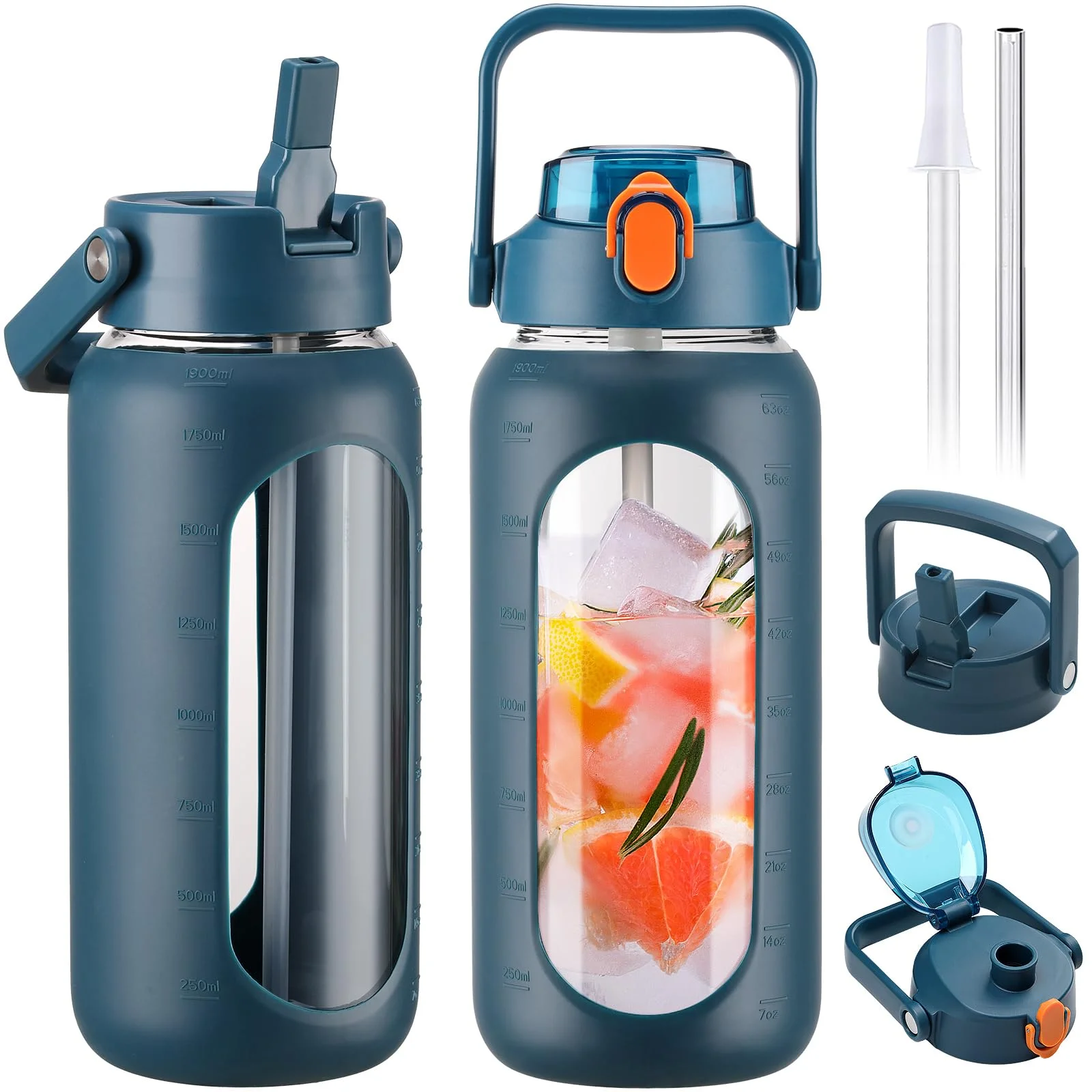 BLUEGO 2000ml Glasflasche mit 2 Deckeln Klappdeckel und Ausgießer Deckel Wasserflasche mit Strohhalm 2L große Trinkflasche mit Zeitmarkierungen für Zuhause Büro Auslaufsicher, Dunkelblau