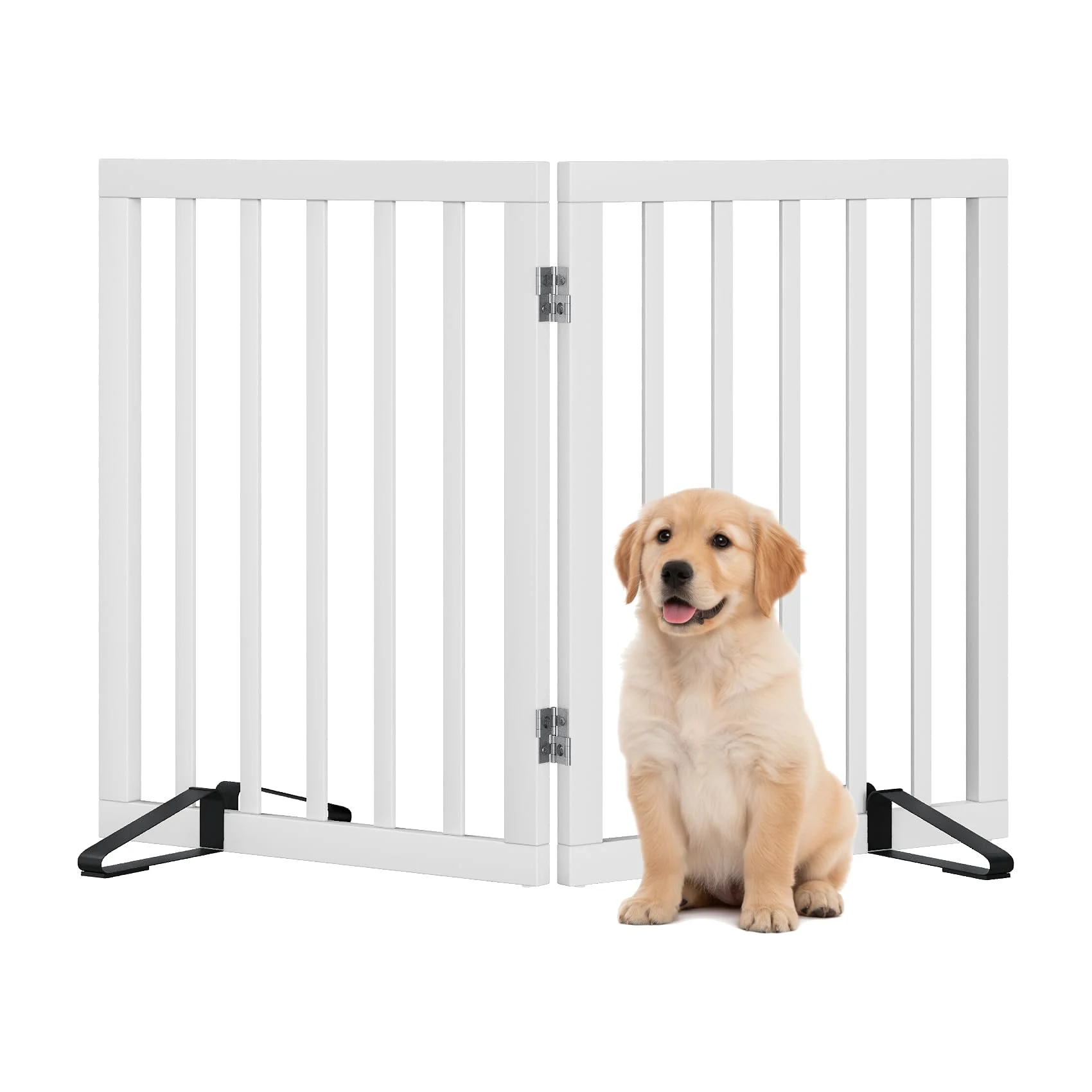 Freistehende Hundegitter für Türen, Faltbares Hundegitter Innen, Haustiergitter für Türen Schlafzimmer, Welpengitter mit Metallstützfüßen, Raumteiler 2 Paneele (Weiß)
