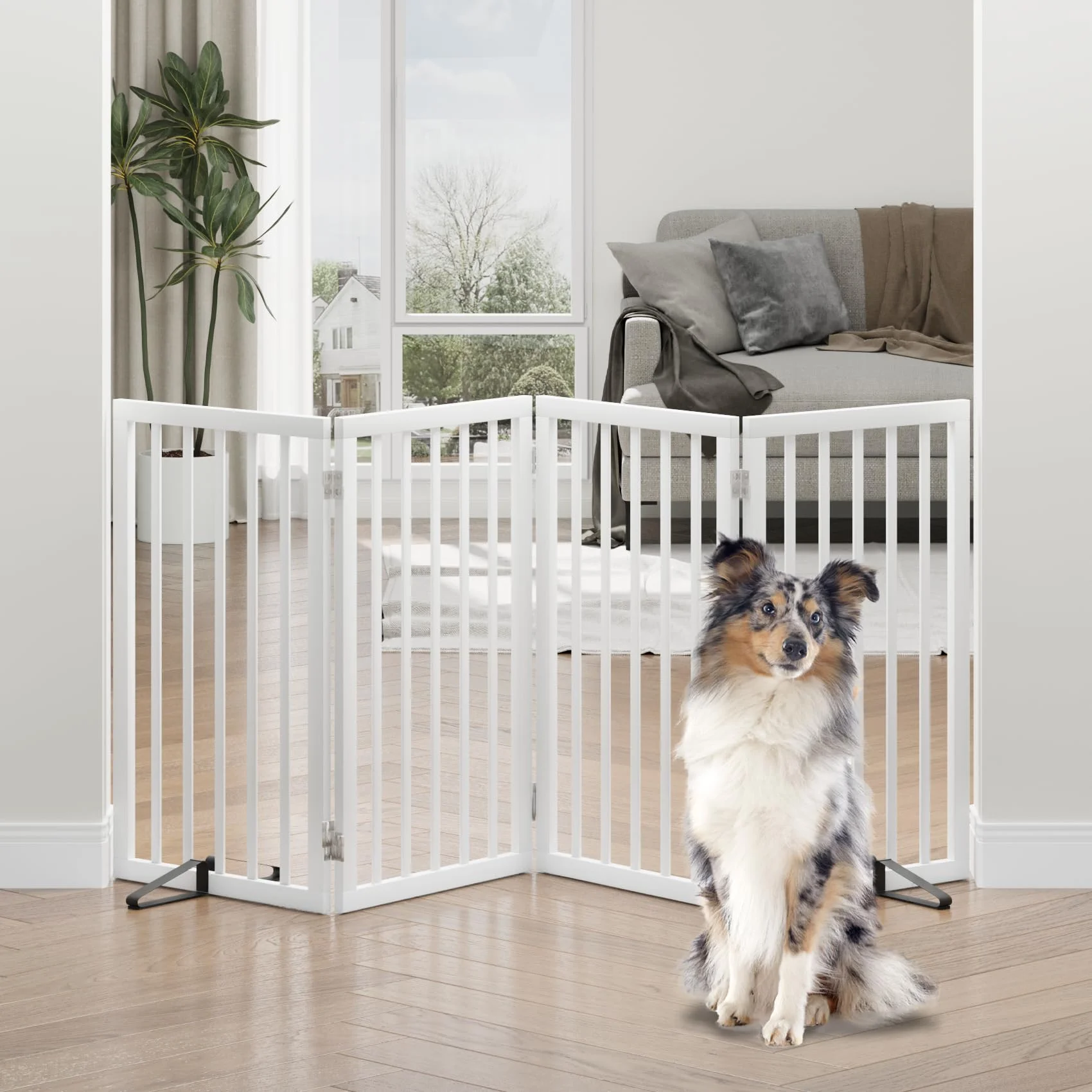 Hundegitter, freistehend, hohe Hundegitter für Türen, faltbares Hundegitter innen, Haustiergitter für Türen, Schlafzimmer, Welpengitter mit Metallstützfüßen, Raumteiler, 4 Paneele (Weiß)