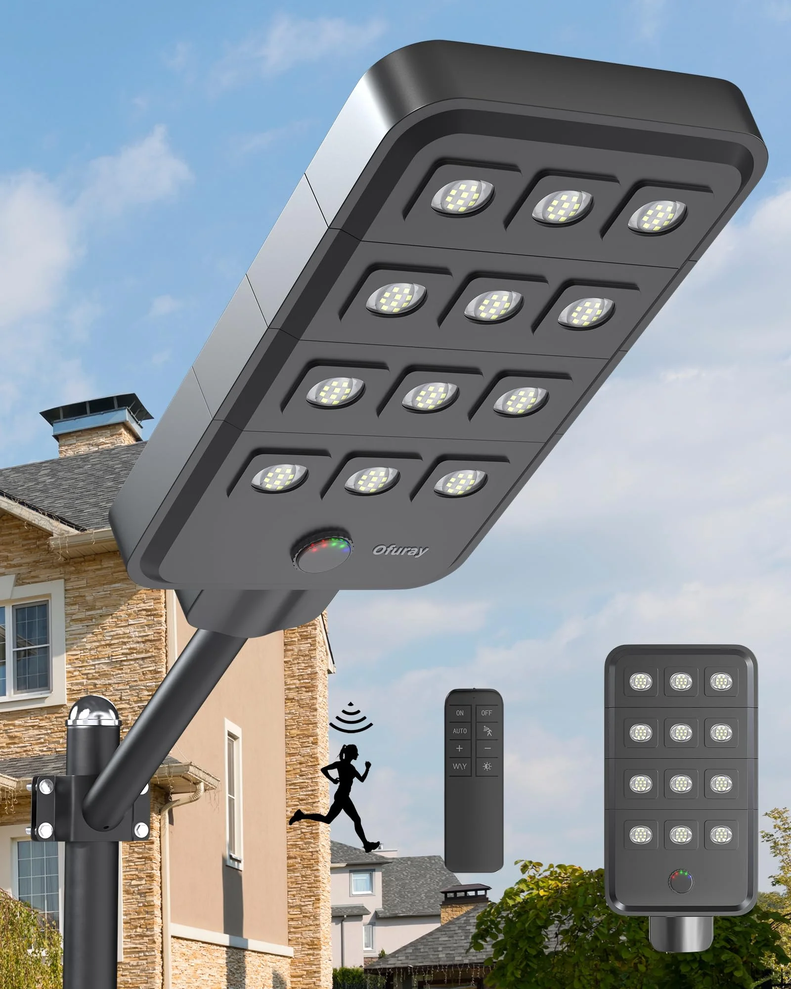 Ofuray Of-12600W Solar Straßenlaterne mit Bewegungssensor, 120 LEDs, 6500K, IP67 Wasserdichte, Solarstrahler Außen, Solarlampen für Außen für Gärten Garage Straßen