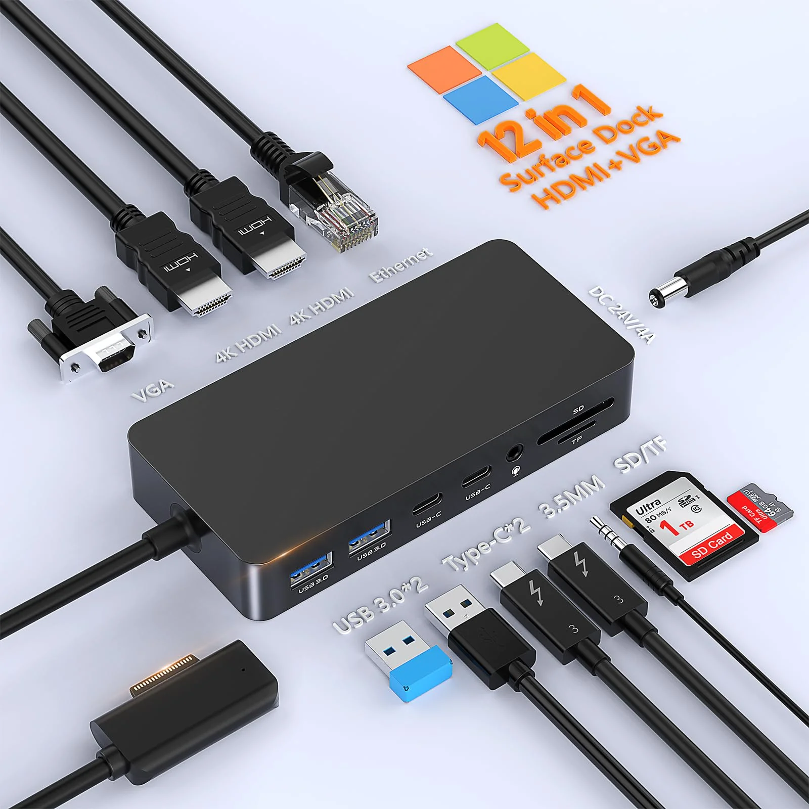 Micro-soft Surface Dock 2,Surface Docking Station 12 in 1 Triple Display Surface Dock mit 2 HDMI 4K +VGAfür Surface Pro 11/10/9/8/×/7/6/5/4/3, Surface Laptop 7/6/5/go/4/3/2/1,Surface Book Laptop 3/2/1