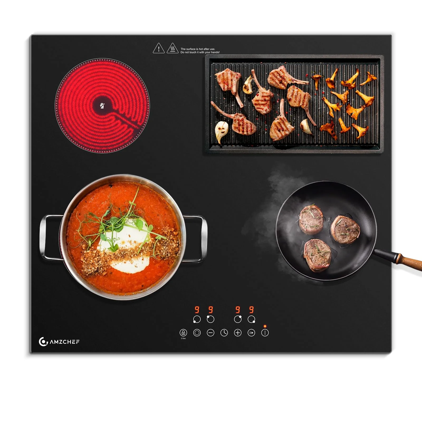 AMZCHEF Glaskeramikkochfeld 4 Platten 7200W, Herdplatte 4 Kochfelder 60 cm, 9 Leistungsstufen, Dual-/Ovalzonen für Grillen, Heizpause-Funktion, Kompatibel mit allem Kochgeschirr, Schwarz