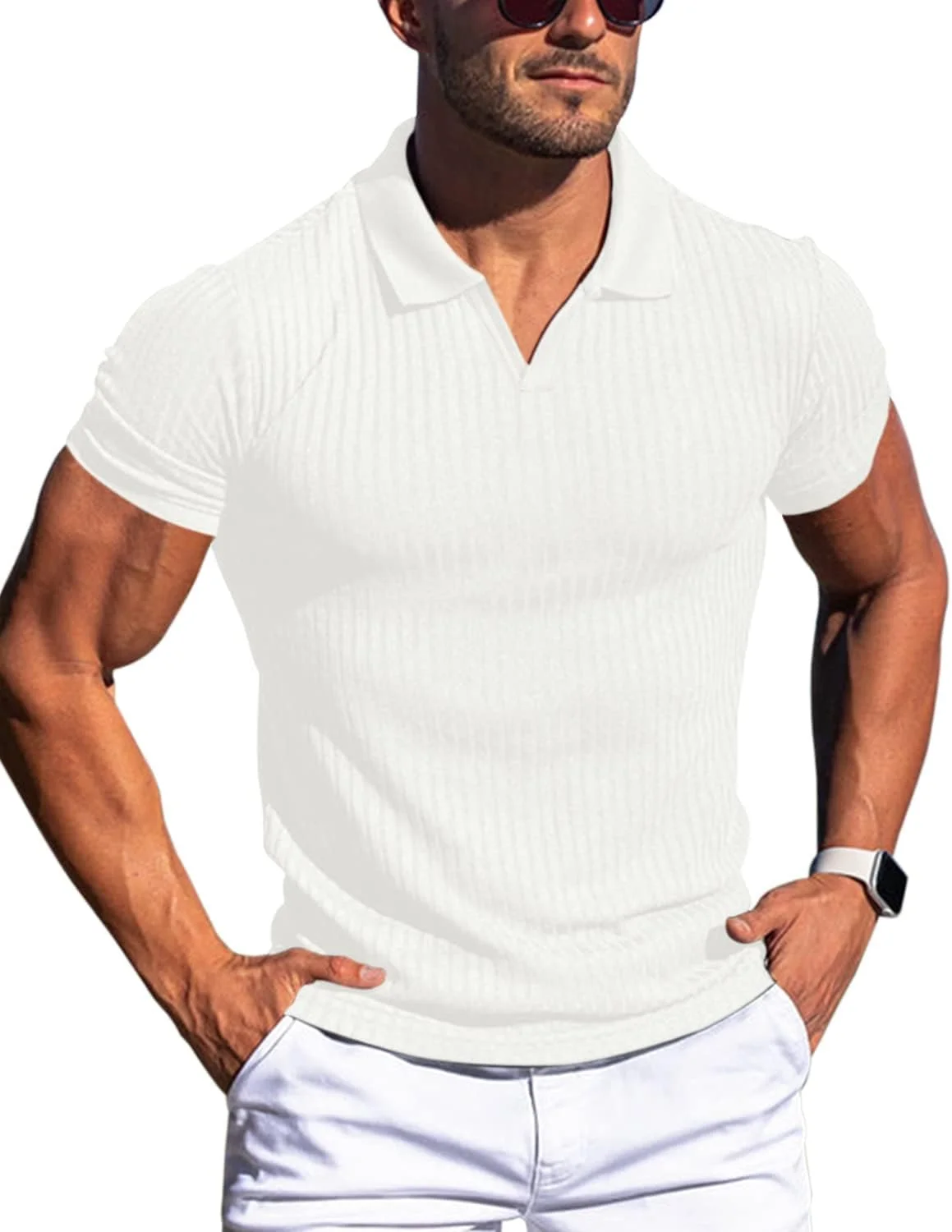 BUNSLOOM Herren Poloshirts Sommer Kurzarm Strick Gestreiftes Muskelshirts Stretch Golf Shirt Urlaub Polohemd