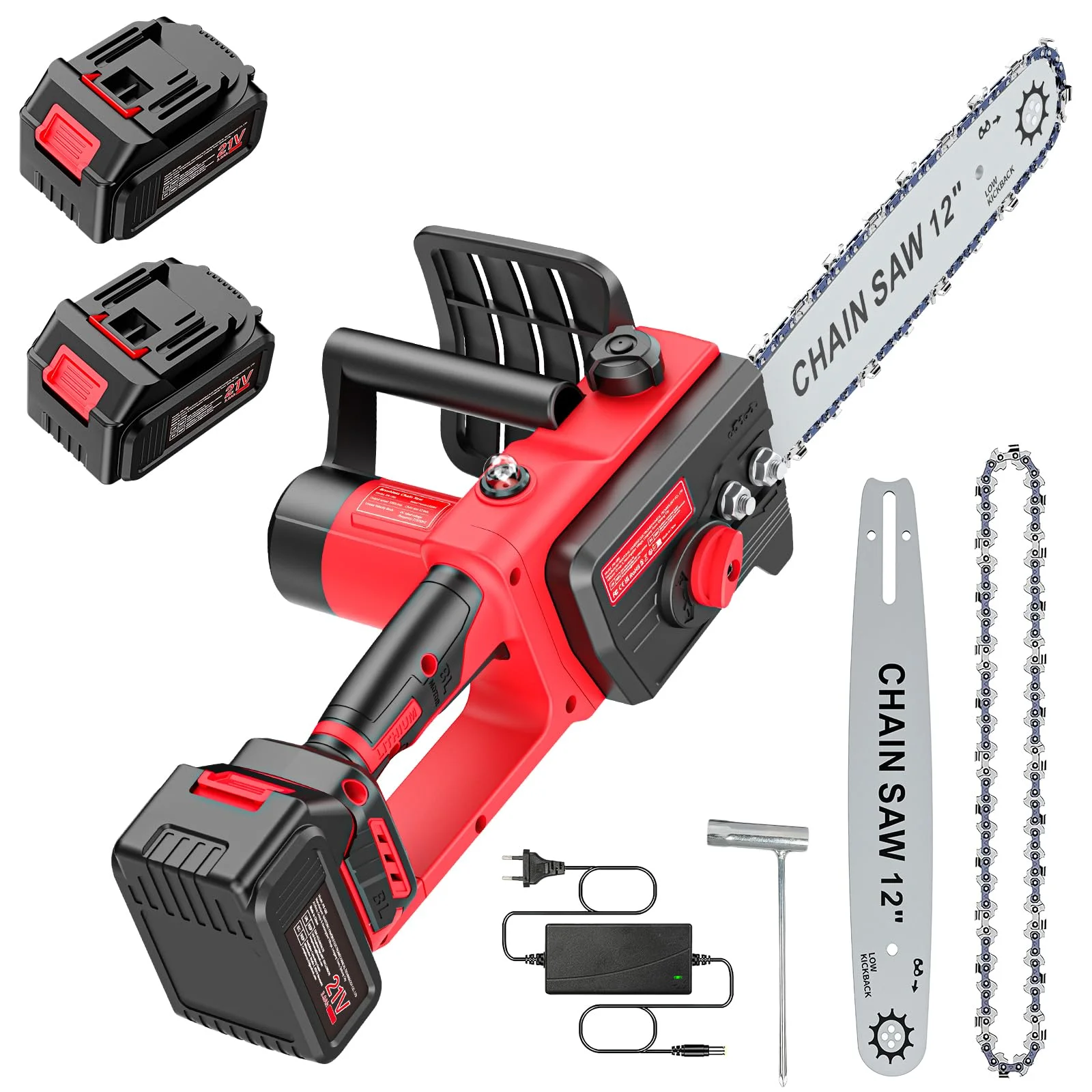 Brushless Kettensäge mit Akku 3000mAh * 2, 12 Zoll Akku Kettensäge Elektro, Einhand Mini Kettensäges Elektrische mit Automatischer Öler, für Gartenscheren Astschere Holzschneidenz (L)