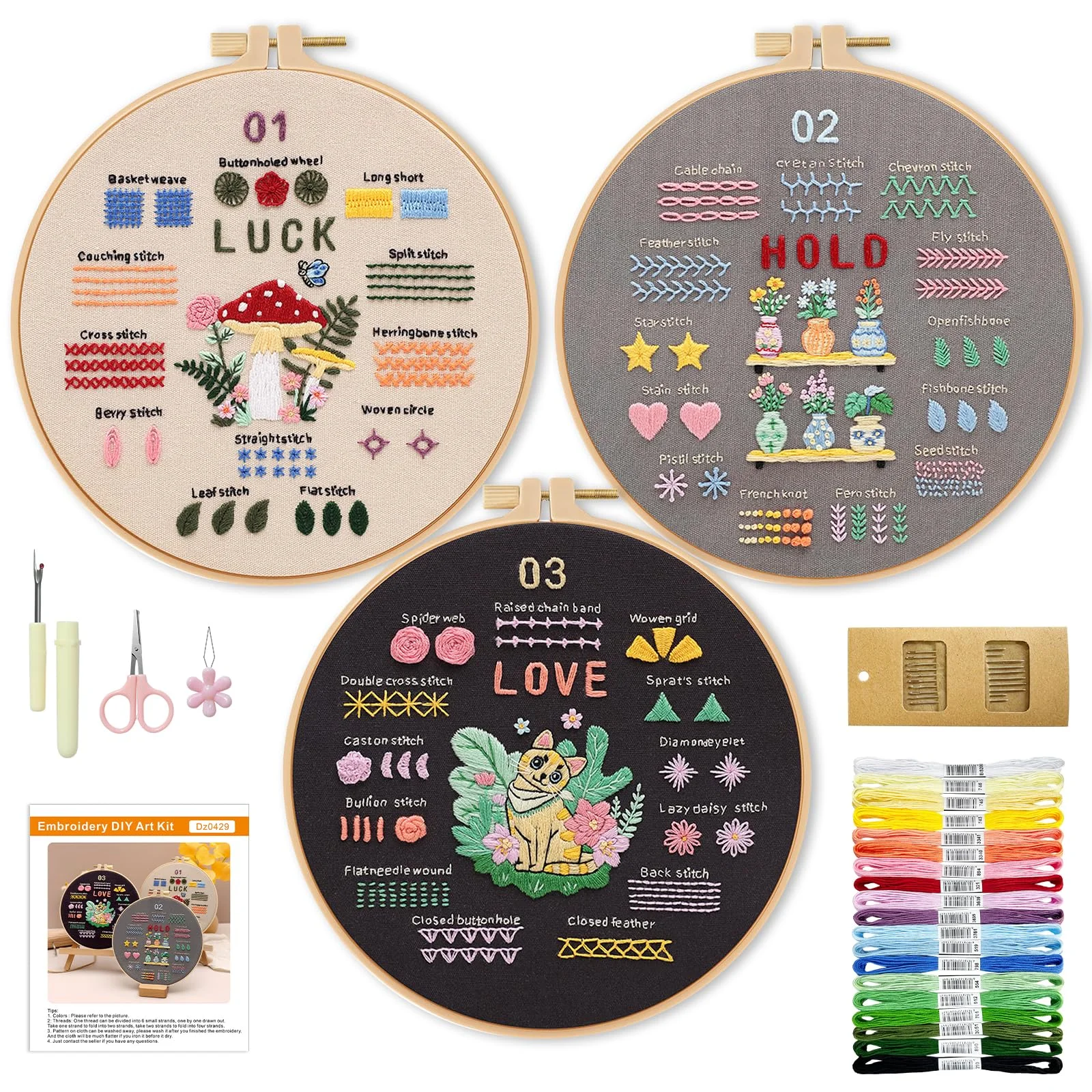 WIVLAX Stick-Set für Anfänger, 3er-Pack Einsteigerset – Lerne 38 Sticharten, vorgedruckter Stoff für Stichübungen, inkl. Garn, Nadeln, Stickrahmen & Video-Tutorials