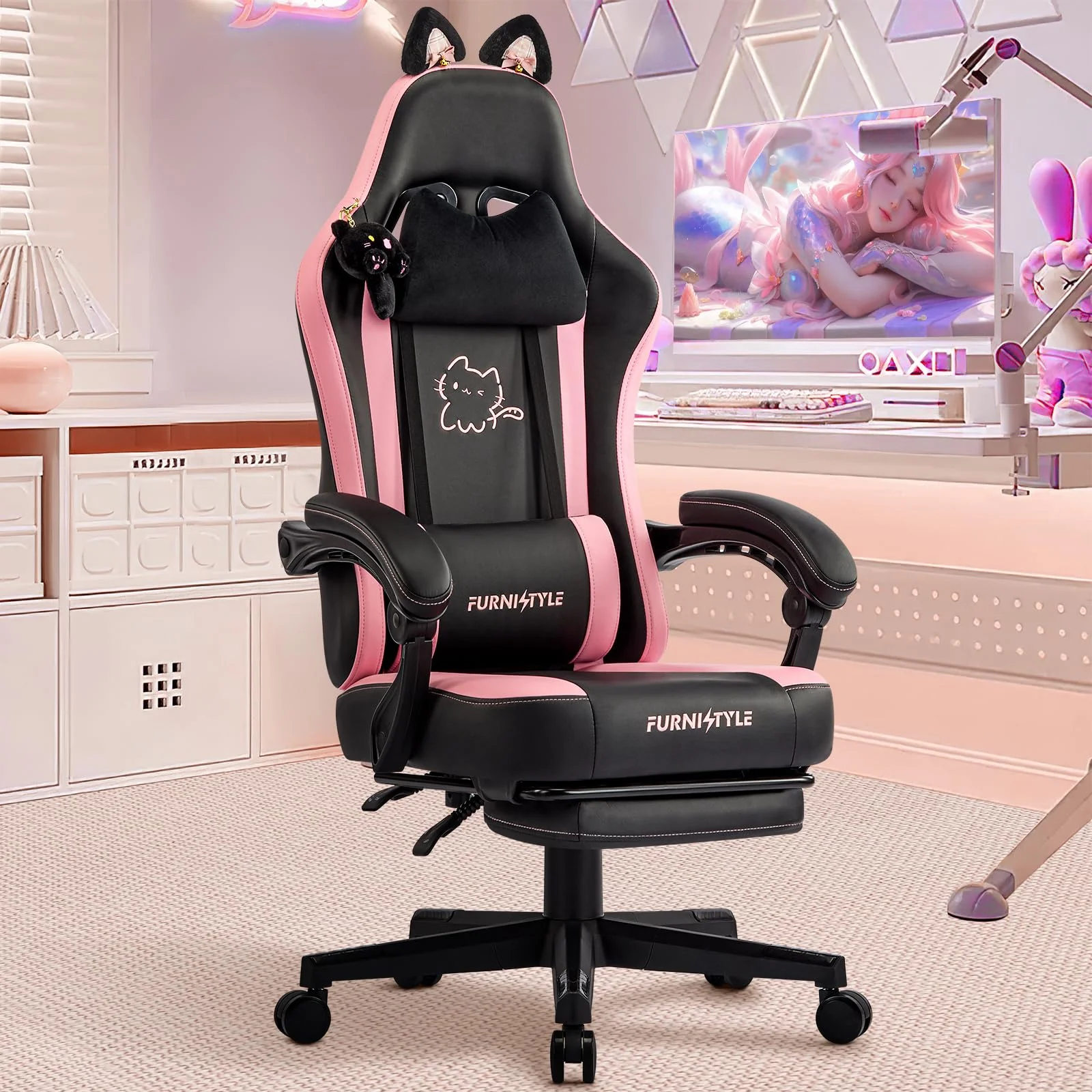 Hellove Cute Gaming Stuhl Katzenohren, Ergonomischer Computerstuhl mit Hoher Rückenlehne und Lendenwirbelstütze, Gamer Stuhl mit Fußstütze für Mädchen, Teenager, Kinder, PU-Leder, Schwarz Rosa