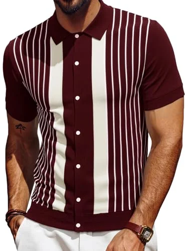 Les umes Strick Poloshirt Vintage Kurzarm | Baumwolle, Streifen, Knopfleiste, Retro, Sommer, Freizeit