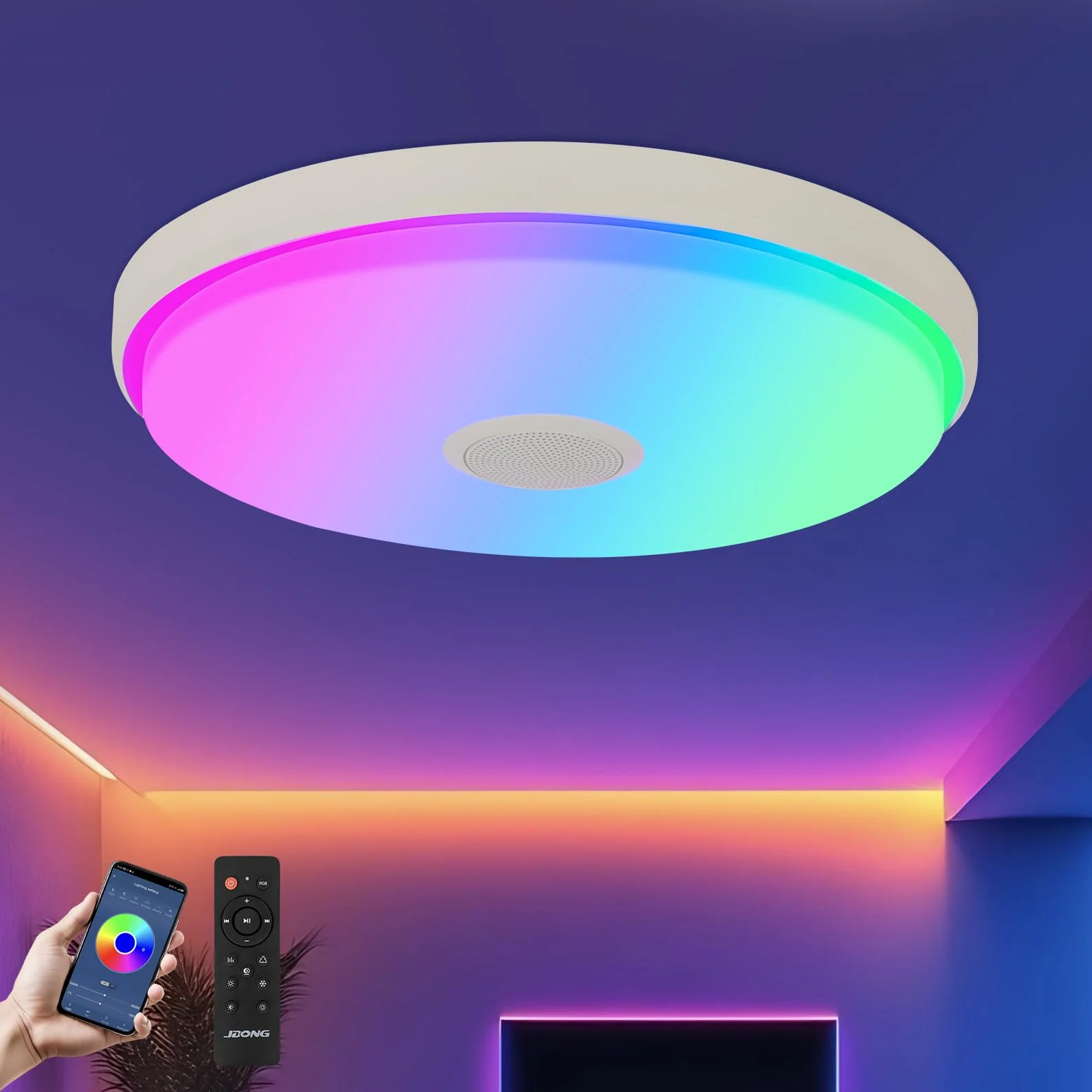 LED Deckenleuchte Dimmbar 24W mit Bluetooth Lautsprecher Rund Deckenlampe | mit Fernbedienung und APP RGB Farbwechsel 3000-6500K Einstellbar für Schlafzimmer Wohnzimmer Ø30cm