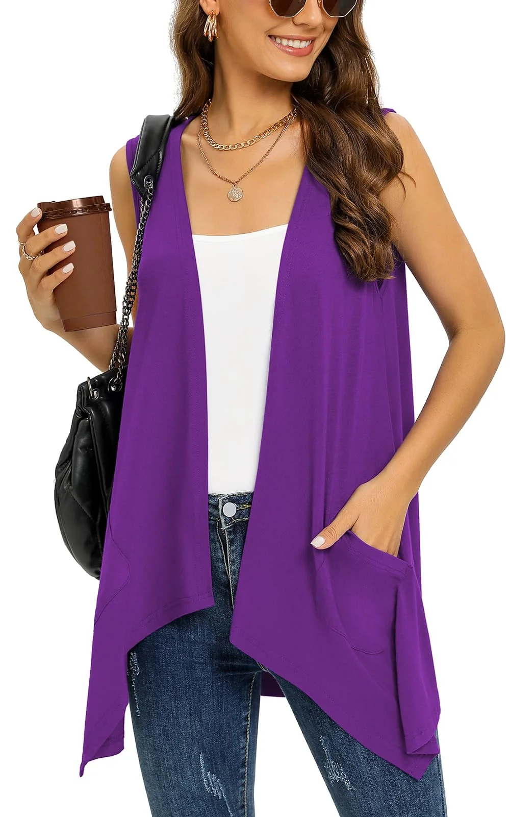 Wiwclo Veryoung Trendy Sleeveless Cardigans for Women Lightweight Vest with Pockets Casual Soft Knit Open Front Cardigan High Low Hem