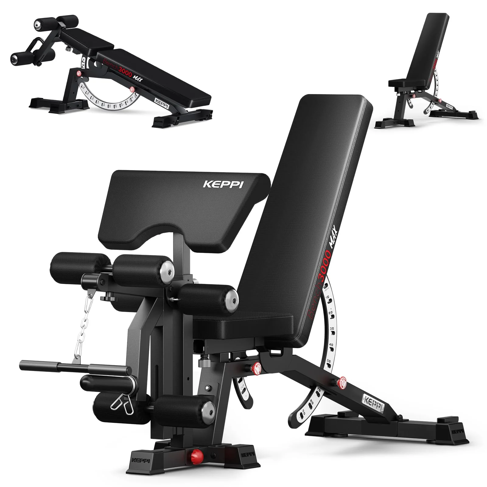 Keppi Hantelbank Verstellbar, mit 600 kg Kapazität, Schwerlast Verstellbar für das Heimtraining Schrägbank, Predigerpad und Neigungs/Abwärts/Flachverstellung Trainingsbank - Bench3000 Max