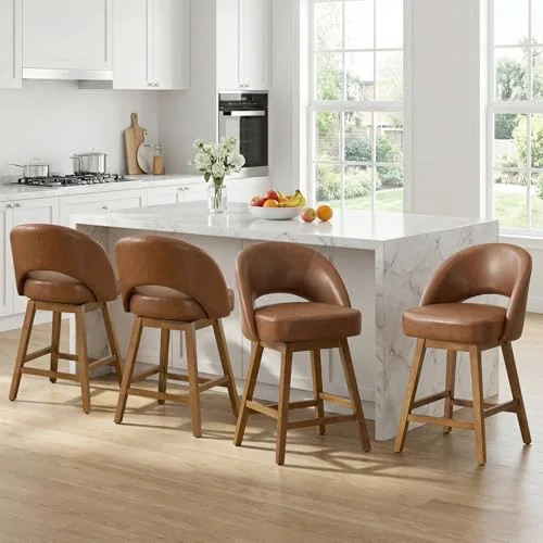 WOOW DEPOT Beine aus Massivholz Barhocker, 360°Drehbarer Barhocker 66cm Sitzhöhe, Komfortabler Barstuhl mit Lehne & Fußstütze, 11,9 cm Dickes Federkernkissen Drehsessel für Bar Küche Theke Café