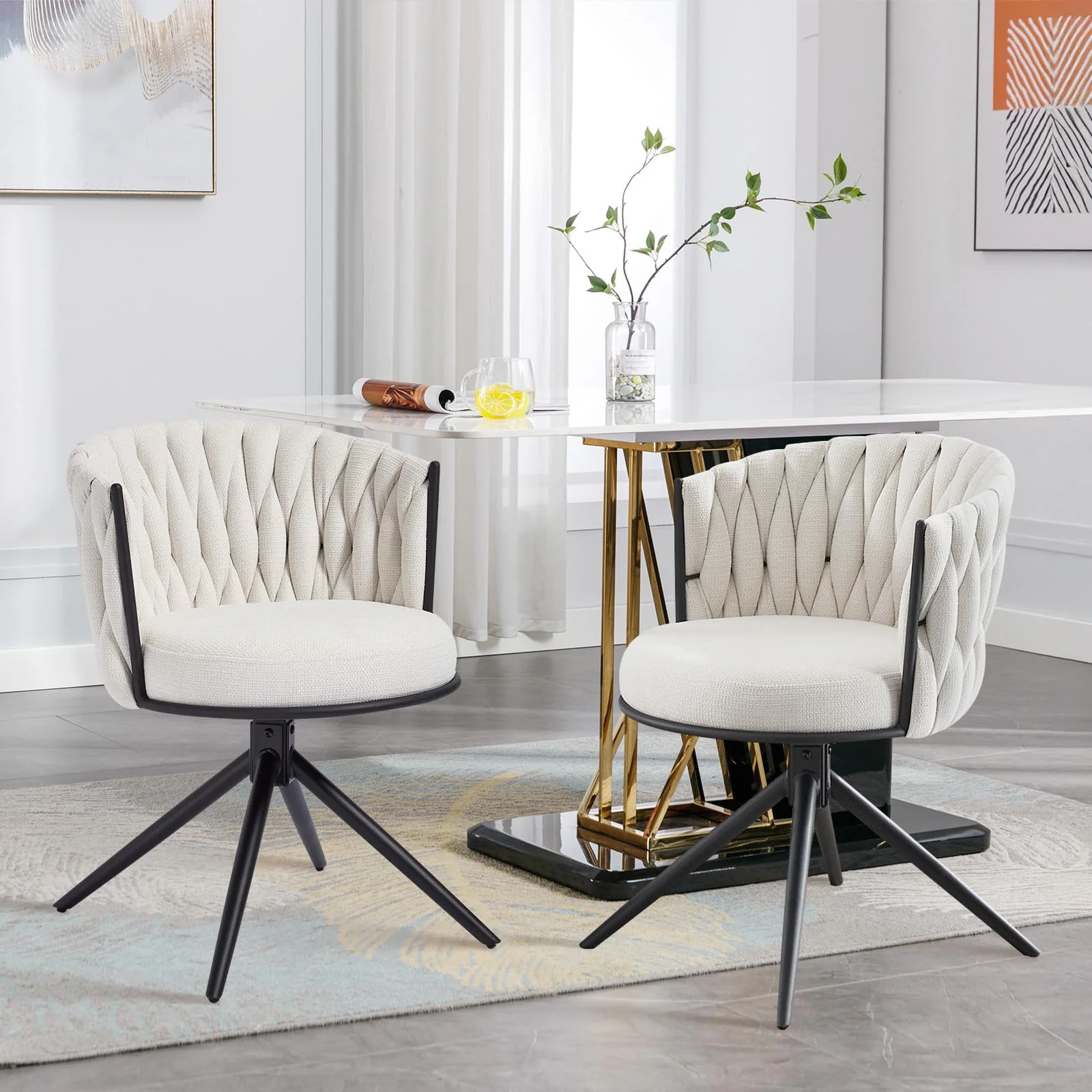 BERYTH Esszimmerstühle drehbar 2er Set Stoff Küchenstuhl Moderne Polsterstuhl Metallbeine Drehstuhl mit Armlehnen Rückenlehne für Esszimmer Küche Wohnzimmer Beige