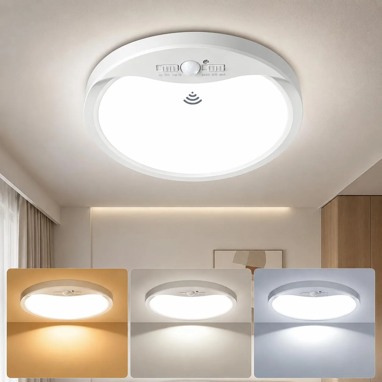 zemty 18cm LED Deckenlampe mit Bewegungsmelder Innen 15W 1500lm, 3 Modi/3 Zeiten (30s/60s/120s)/3 Farbtemperatur, IP44 Wasserdicht Lampe mit Bewegungssensor für Flur Bad Treppe Balkon Garage Keller