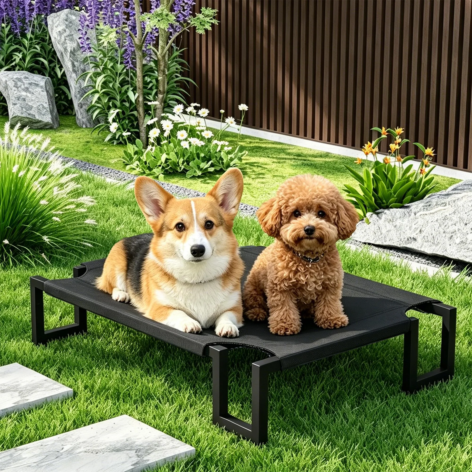 VECOCHO Hundeliege Outdoor,Erhöhtes Hundebett Hunde,Schwarz M 90×65×21cm | Kühlendes Erhöhtes Hund Haustierbett,Abnehmbarer Bezug aus atmungsaktivem Netzgewebe,robuster Metallrahmen,Draußen Camping