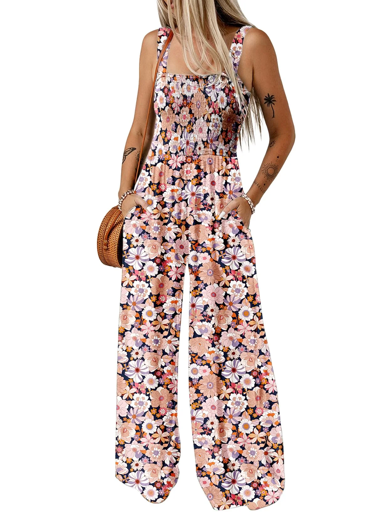 Dokotoo Jumpsuit Damen Sommer Blumenmuster Latzhose Elegant Lang Overall | Sommer Outfits Urlaub Must Haves Casual Lose Hosenanzug Weites Bein Romper mit Taschen