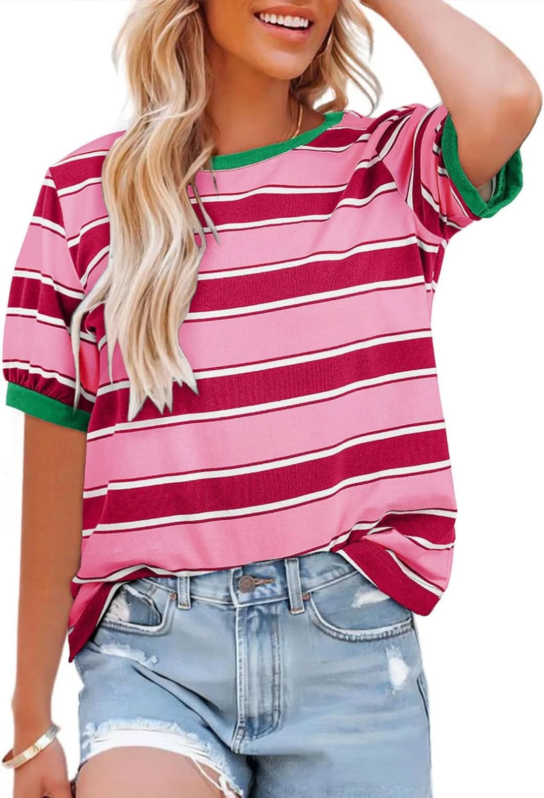 BUNSLOOM Tshirt Damen Gestreift Color Block Rundhals Kurzarm Oberteile
