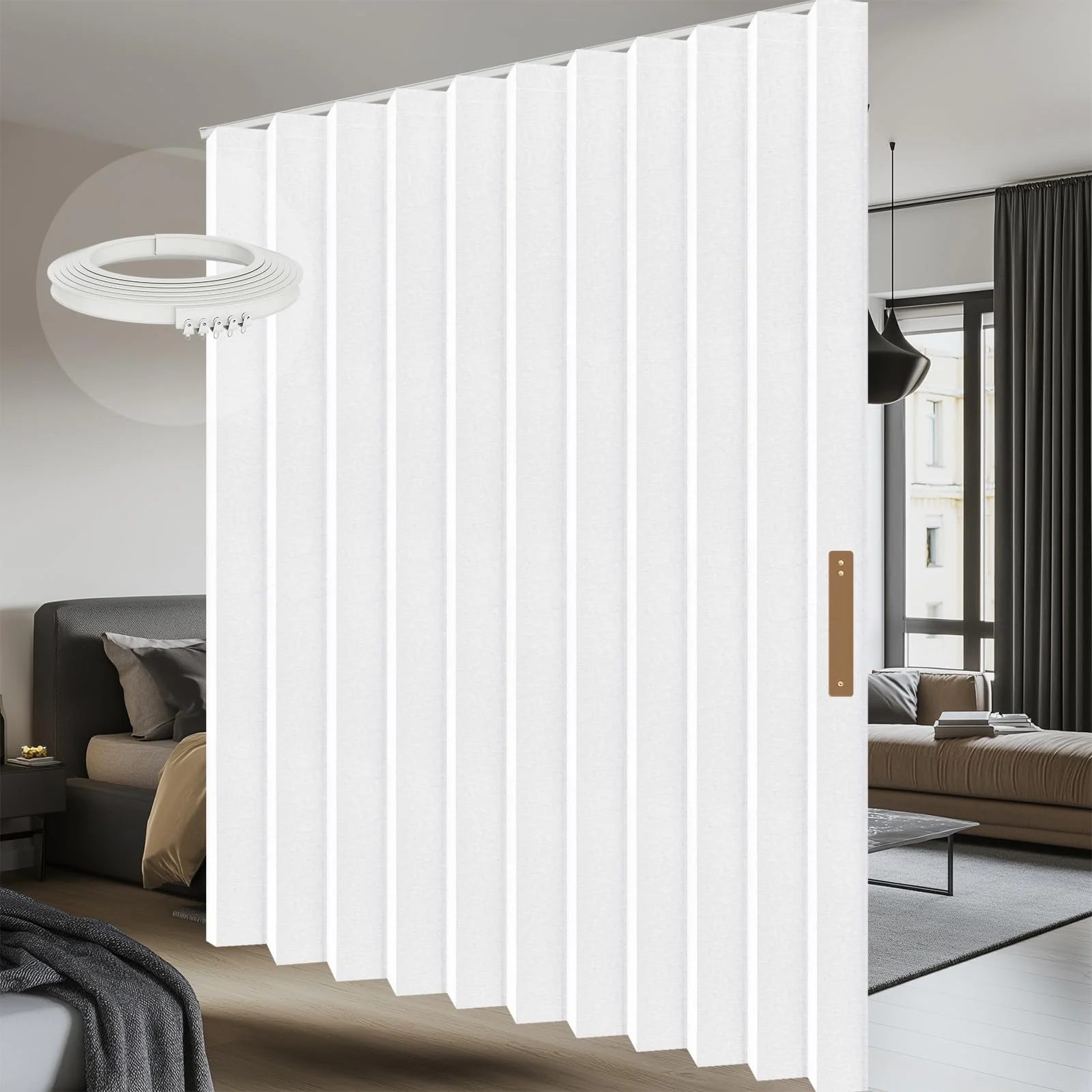 AJAZZ Blickdichter Vorhang als Falttür & Raumtrenner, Flexibler Paravent mit Biegsamer Schiene, Sichtschutz für Schlafzimmer, Balkon & Home Office, Weiß, H213 x B254 cm (1er Pack)