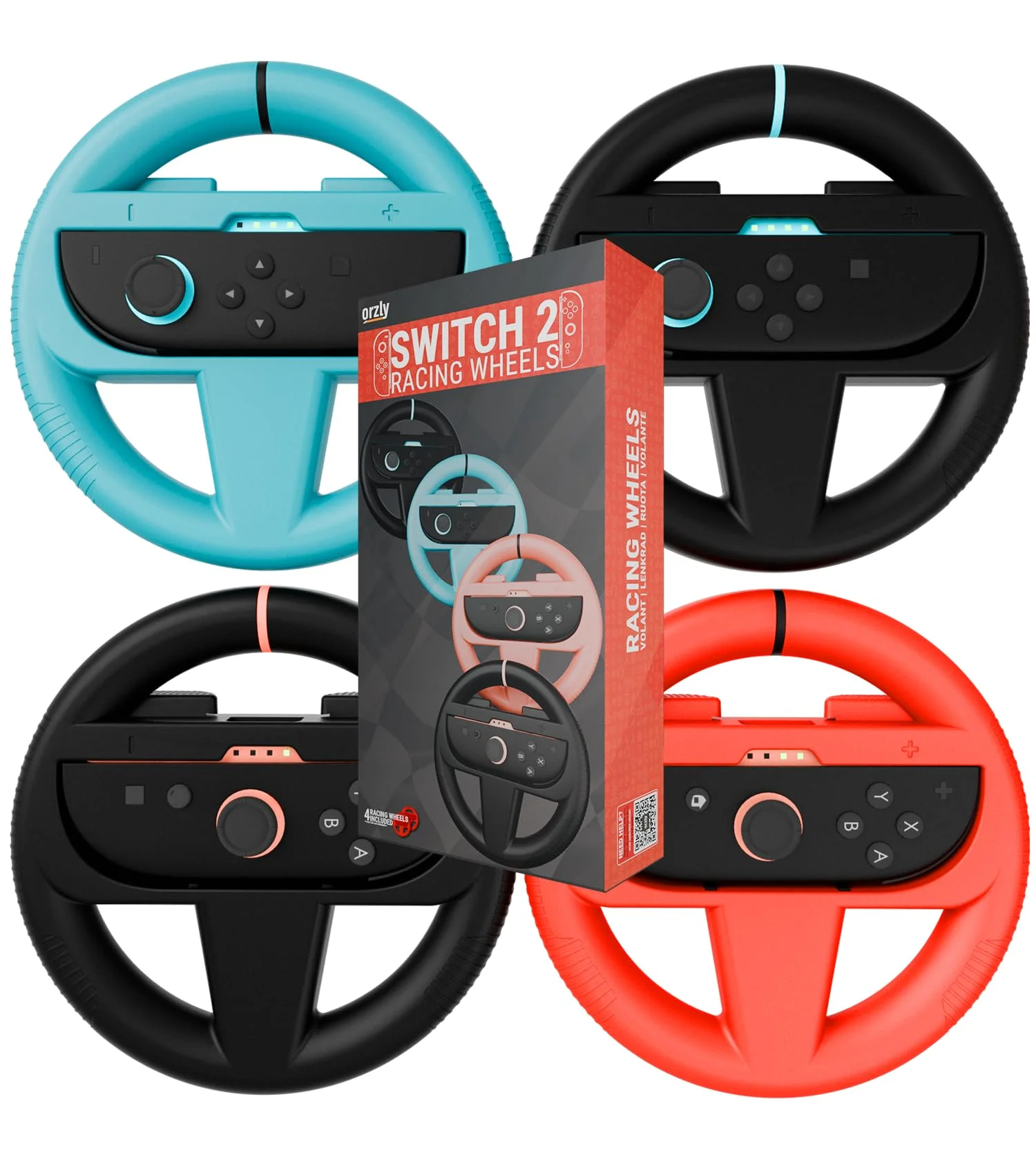 Orzly Racing Lenkraeder kompatibel mit Switch 2 (2025 Konsole) – Party 4er Pack Joy-Con Controller Aufsaetze fuer Mario Racing Spiele (2 Schwarz 1 Blau 1 Rot) Geschenkbox Edition