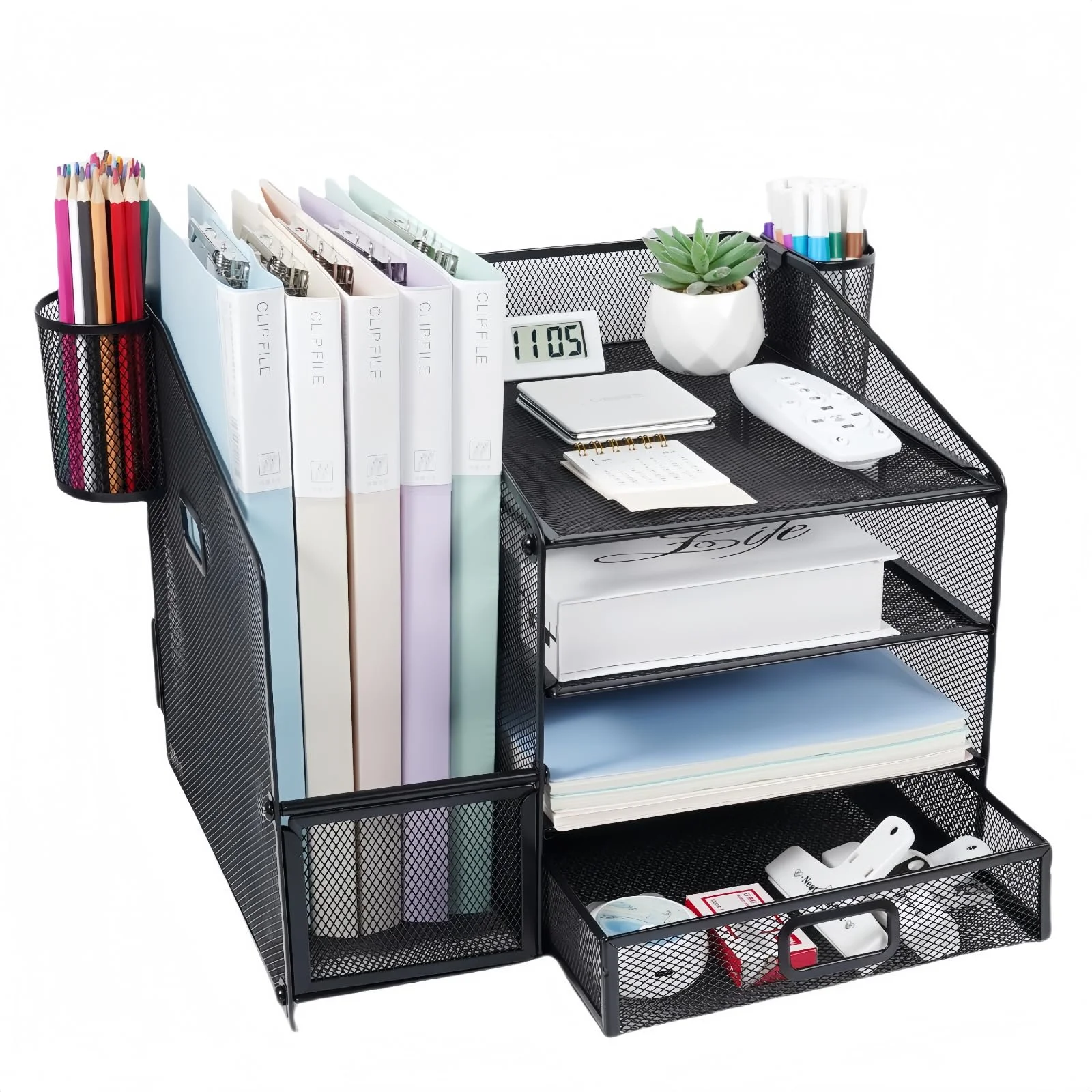 Tonsmile Schreibtisch Organizer mit Schubladen und 2 Stifthaltern | Büro Organizer Ordnungssystem für A4 Papierablage, Dokumentenablage, Papiere und Schreibwaren, Home Office & Büro