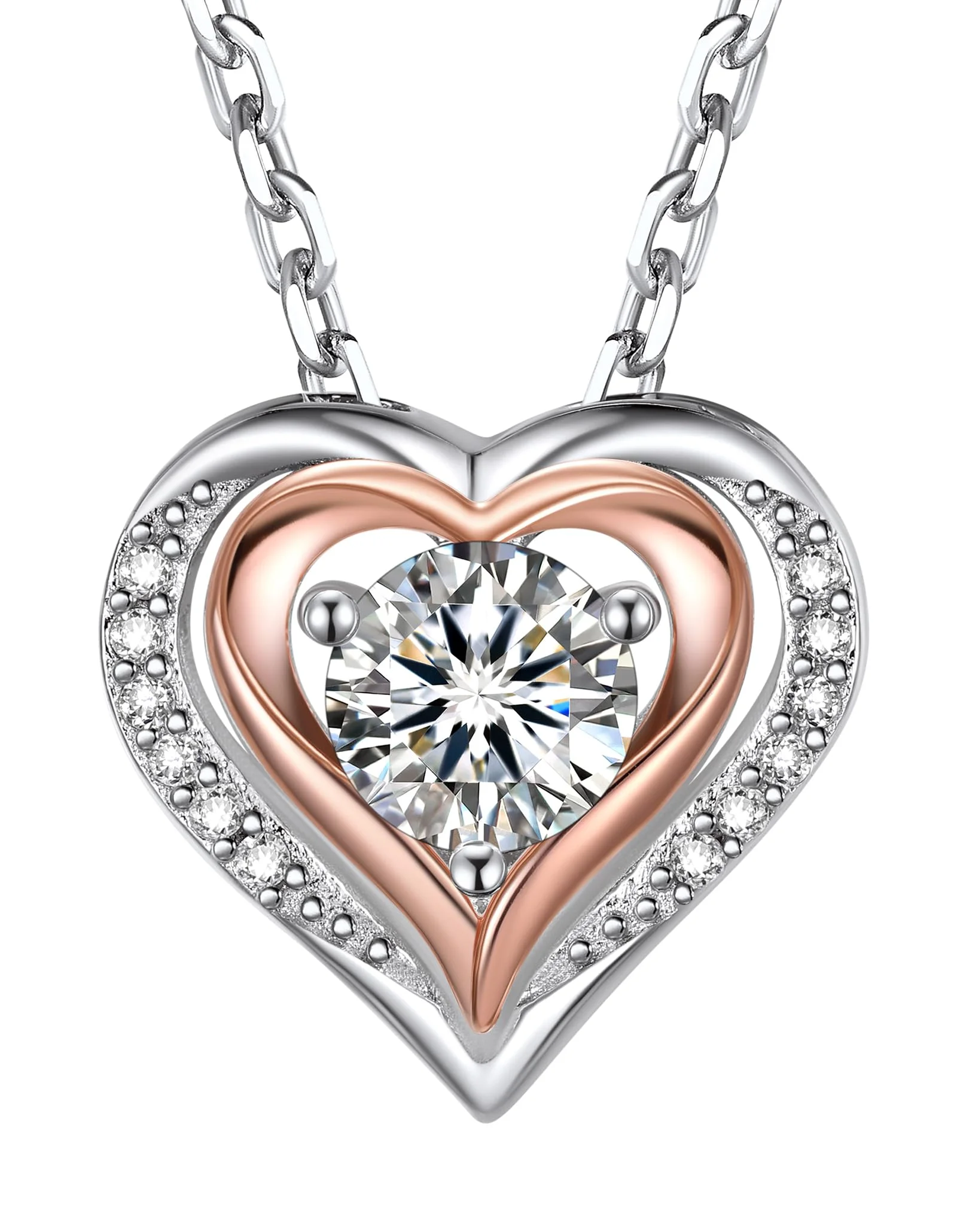 MomentWish Halskette Damen Silber 925, 1 Karat Moissanite Kette Diamant Silberkette mit Herz Anhänger Rosegold Schmuck Geschenk für Frauen Freundin Mama