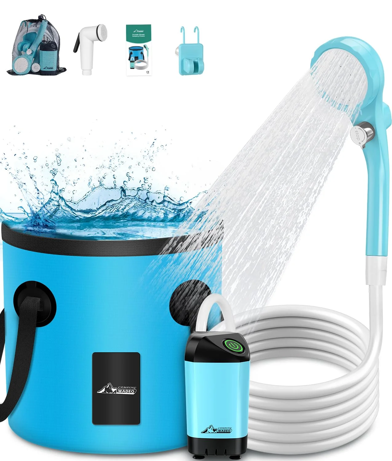 WADEO Tragbare Campingdusche Akku mit Pumpe und Wasserbehälter 20L, Outdoor-Camping-Duschset mit Akku 6000 mAh wiederaufladbar, für Camping Reisen Garten Wandern Autowaschen Tierbaden Notfälle