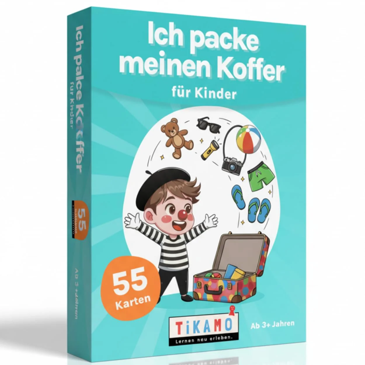TIKAMO Ich packe Meinen Koffer Kinderspiel - Familienspiel & Gedächtnisspiel - Reisespiel für Auto & Urlaub - Geschenkidee für Mädchen & Jungen - Spiele ab 3, 4, 5, 6, 7, 8, 9 Jahre