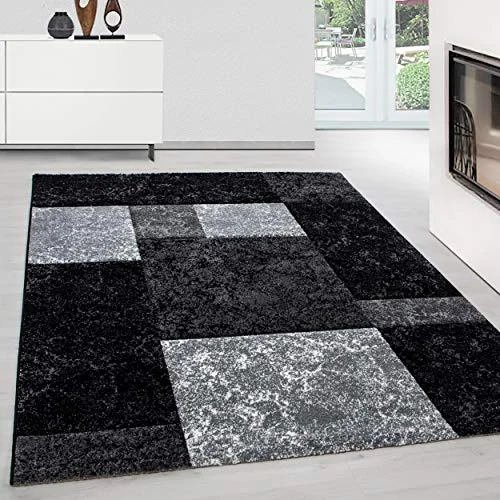 Designer Konturenschnitt Teppich Kurzflor, Kariert Design, Rechteckig, Grau - Schwarz, Pflegeleicht, Wohnzimmerteppich