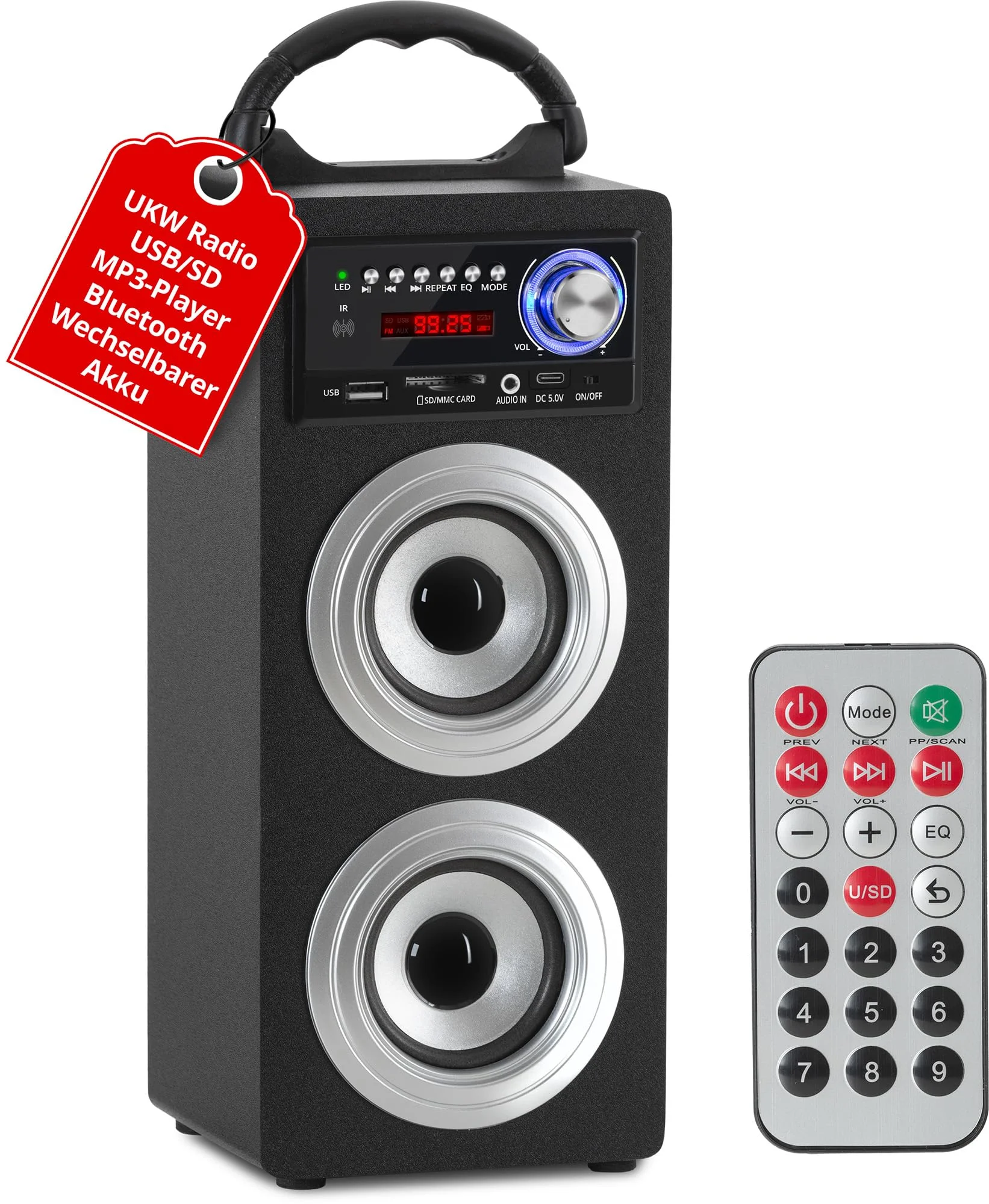McGrey BS-20 Beachside Bluetooth Lautsprecher Silber, Highlights | Bluetooth-Lautsprecher mit Akku, USB/SD Slots für MP3 Wiedergabe und AUX-Eingang, Automatischer Sendersuchlauf, 1050 mAh Akku