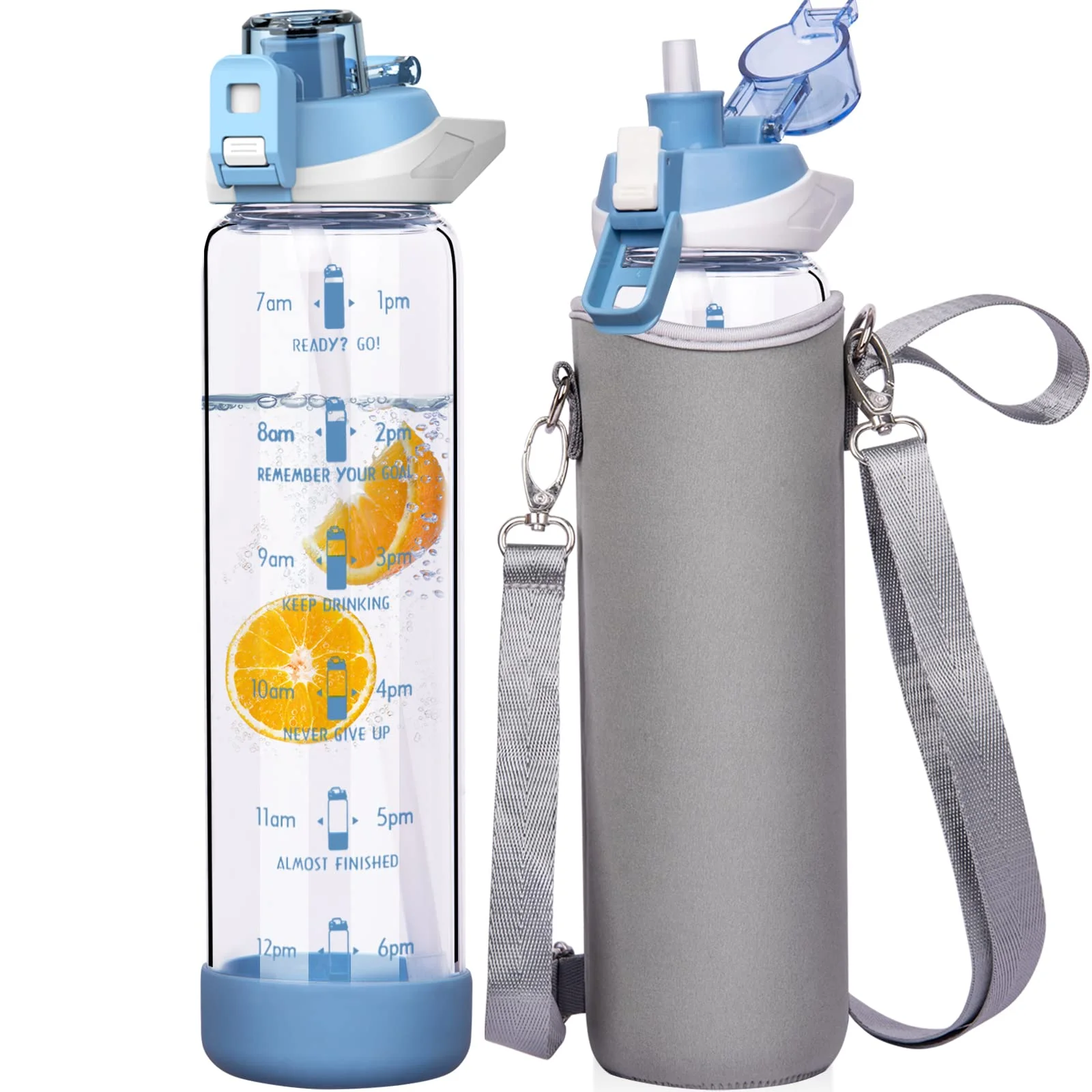 Seekua 1l Sport Trinkflasche Glas Flasche mit Strohhalm & Zeitmarkierung auslaufsicher bpa frei 1 liter Wasserflasche Motivation mit Schutzhülle für Smoothie, Früchte Kohlensäure geeignet