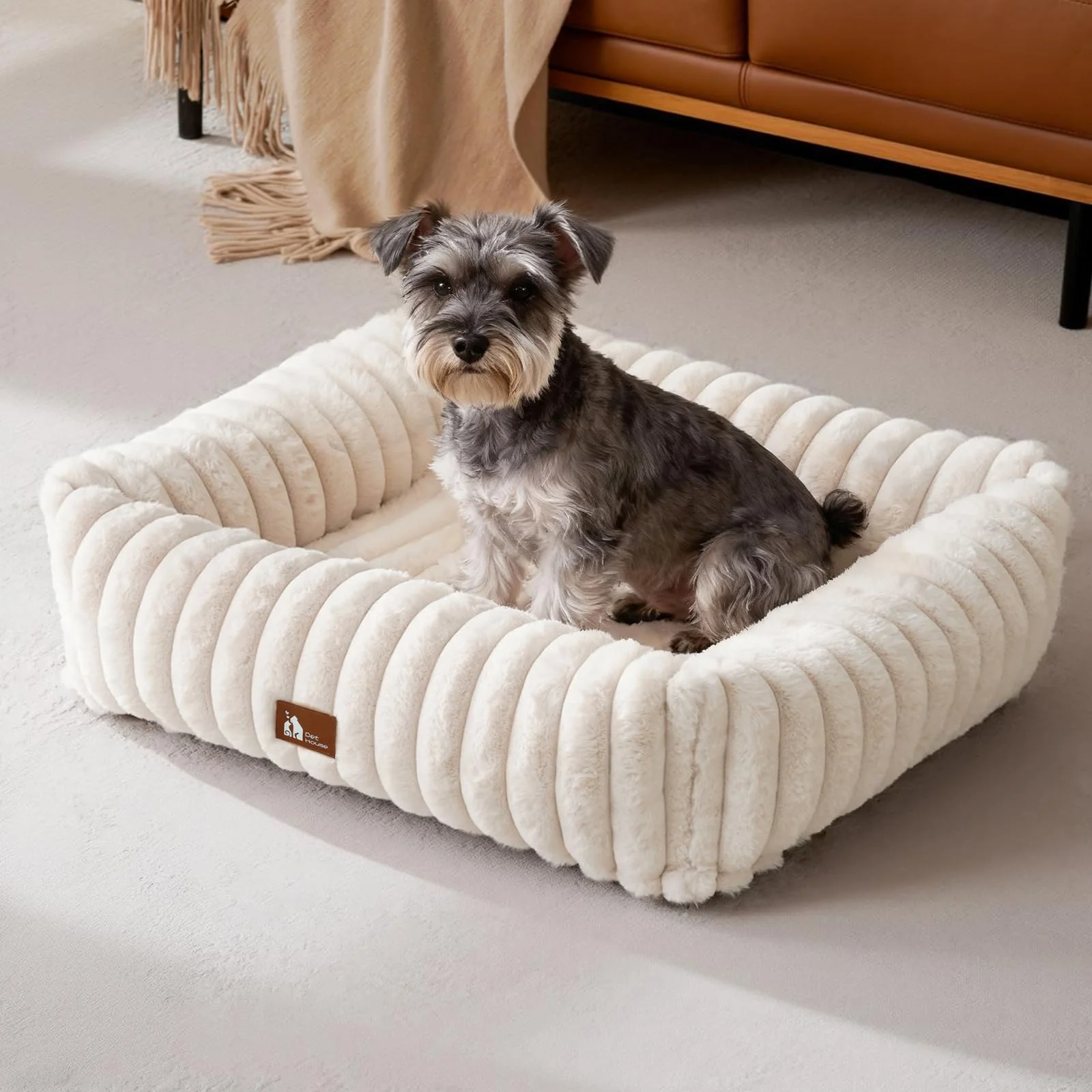 Upvilla Luxus Hundebett,4-seitiges Hundesofa,waschbarer Hundekorb,MP Beige | Superweiches Kaninchenfell-Bezug, dick aufgefüllte Stützpolsterung, integrierter Tragegriff, Kleintierbett, Katzenbett