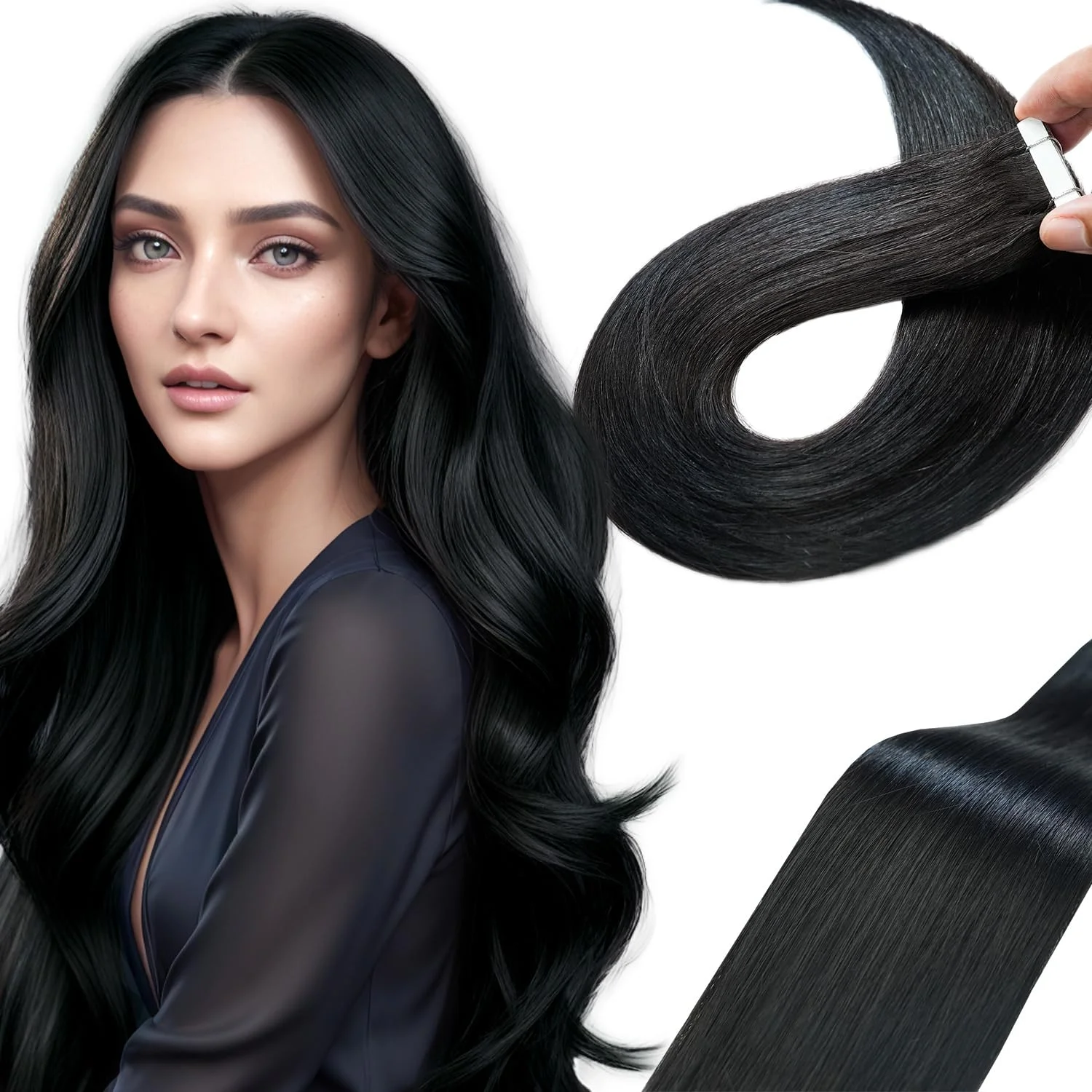 LieblichWelle Tape Extensions Echthaar Tiefschwarz 40cm, 20Stück, 40g/Packung, Salon-Klasse Qualität, Einfaches und Angenehmes Tragen für Junge Frauen (Tiefschwarz, 40 cm)