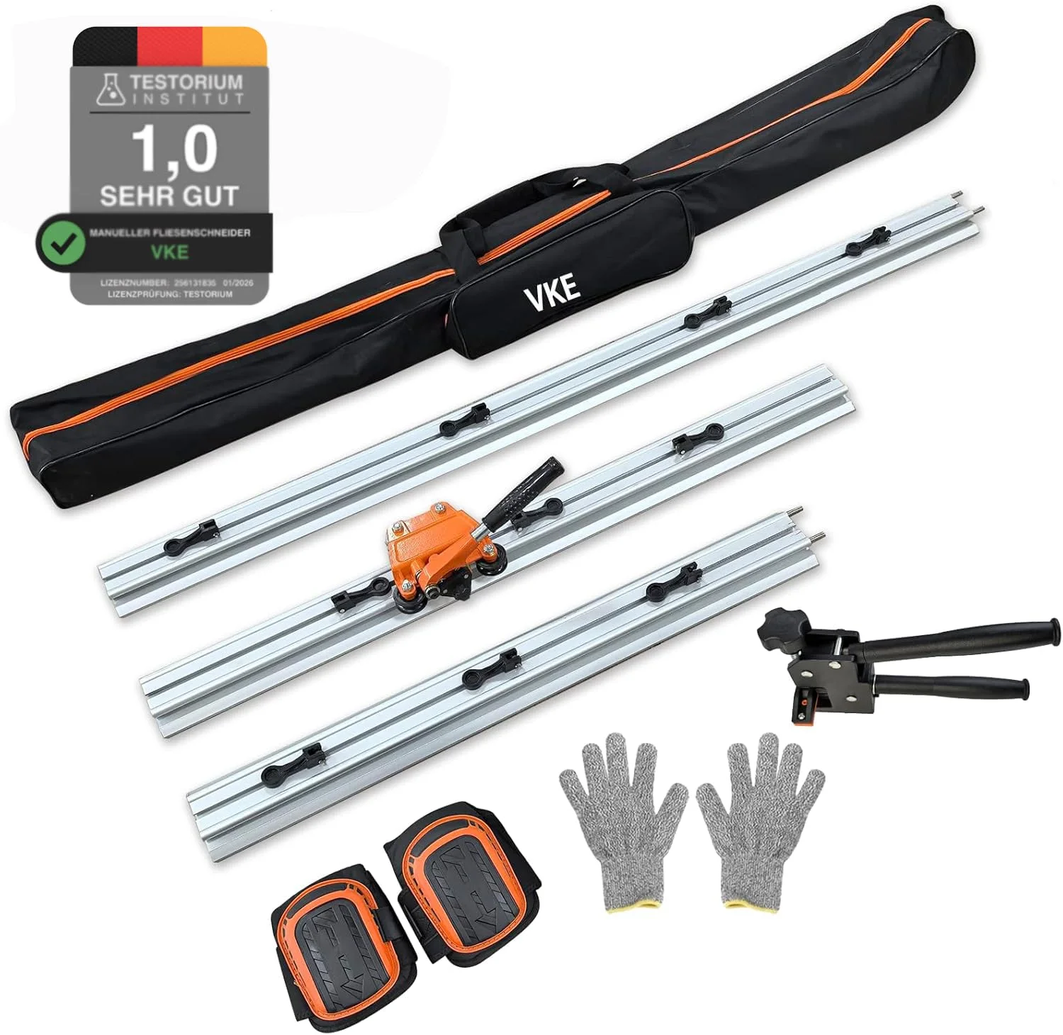 VKE Fliesenschneider 3300 mm, 3 Schienen, Schnittstärke bis 12 mm | Steckbare Schienen 800/1000/1500 mm, für Großformatfliesen Und Steinplatten, mit Zange, Tasche, Ersatzrad Und Knieschonern