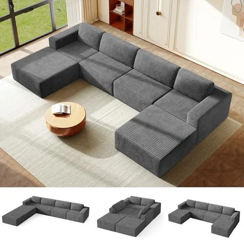 Vesgantti 303 cm Groß Modulares Ecksofa mit Schlaffunktion, Cordsofa mit Federkern, Extra Tiefe Sitzfläche, Boneless Schlafcouch, Für Wohnzimmer, Ohne Montage
