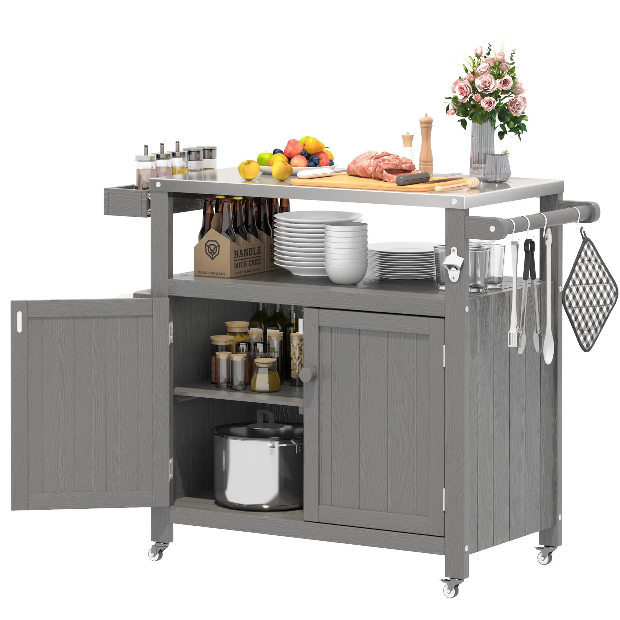 AeasyG Wetterfeste HIPS Outdoor Kücheninsel mit Edelstahlplatte & Aufbewahrungsschrank, bewegliche Vorbereitungstisch mit Rädern für BBQ-Zubereitung, Outdoor Grillwagen für Parties, Schwarz
