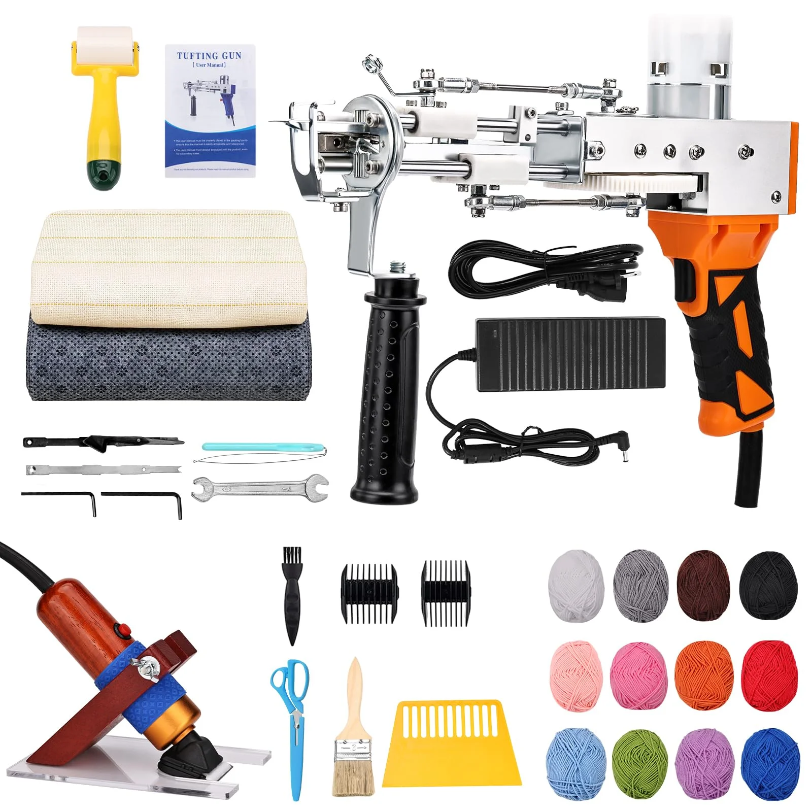 zowwfast Tufting Pistolen Set Rutschfest mit Teppich Trimmer Kit, Tufting Tuch, Anti Rutsch Tuch, 12 Wollkugeln, Schnittflor & Schlingenflor 2in1 mit Anleitung Vorleger mit Tufting Schere