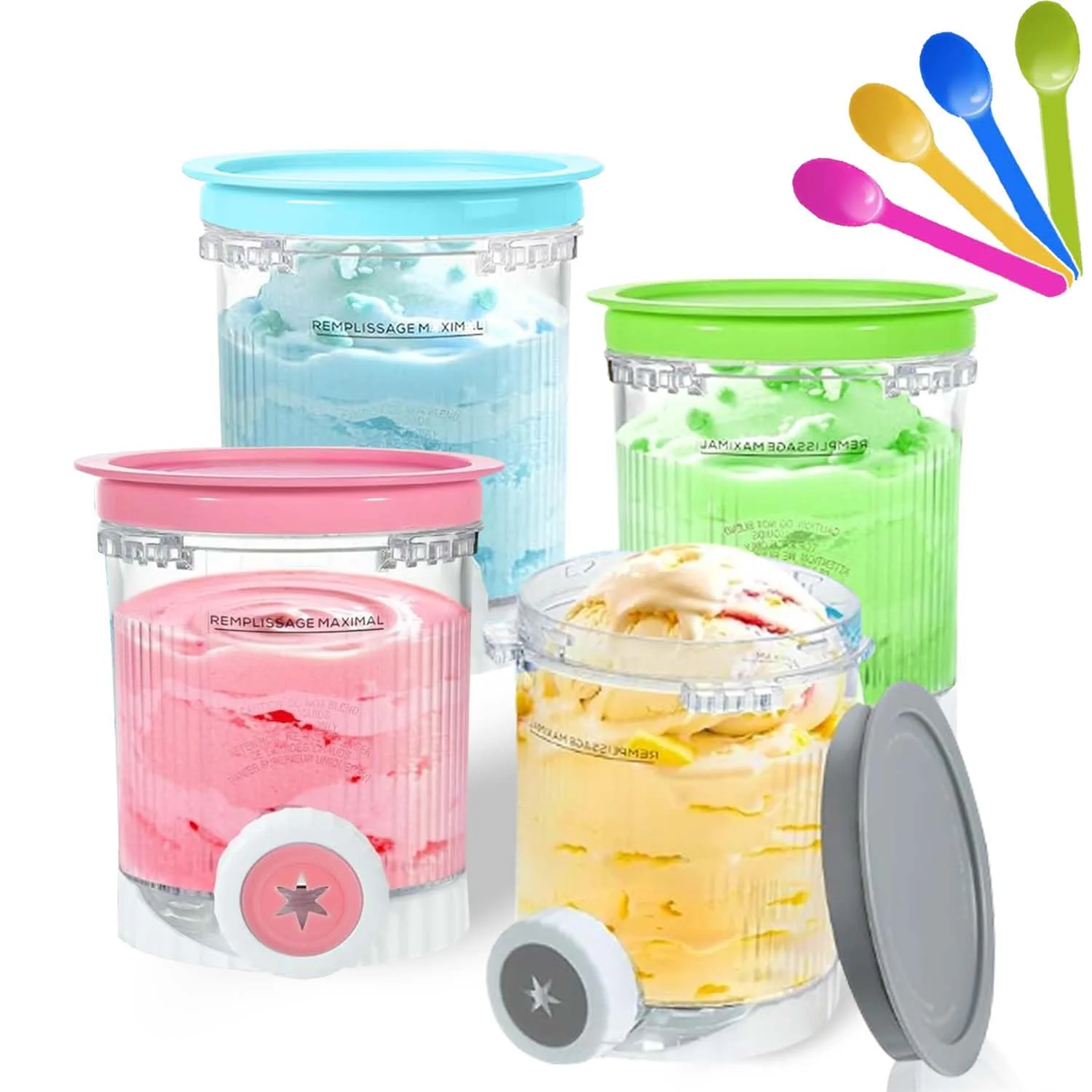 CDDCWZ 4 Stück Eisbehälter, 480 ml, kompatibel mit Ninja Swirl Creami | Eismaschinen der Serien NC700 und NC701, BPA-frei, spülmaschinenfest, Eismaschinen-Zubehör (4er-Pack mit bunten Löffeln)