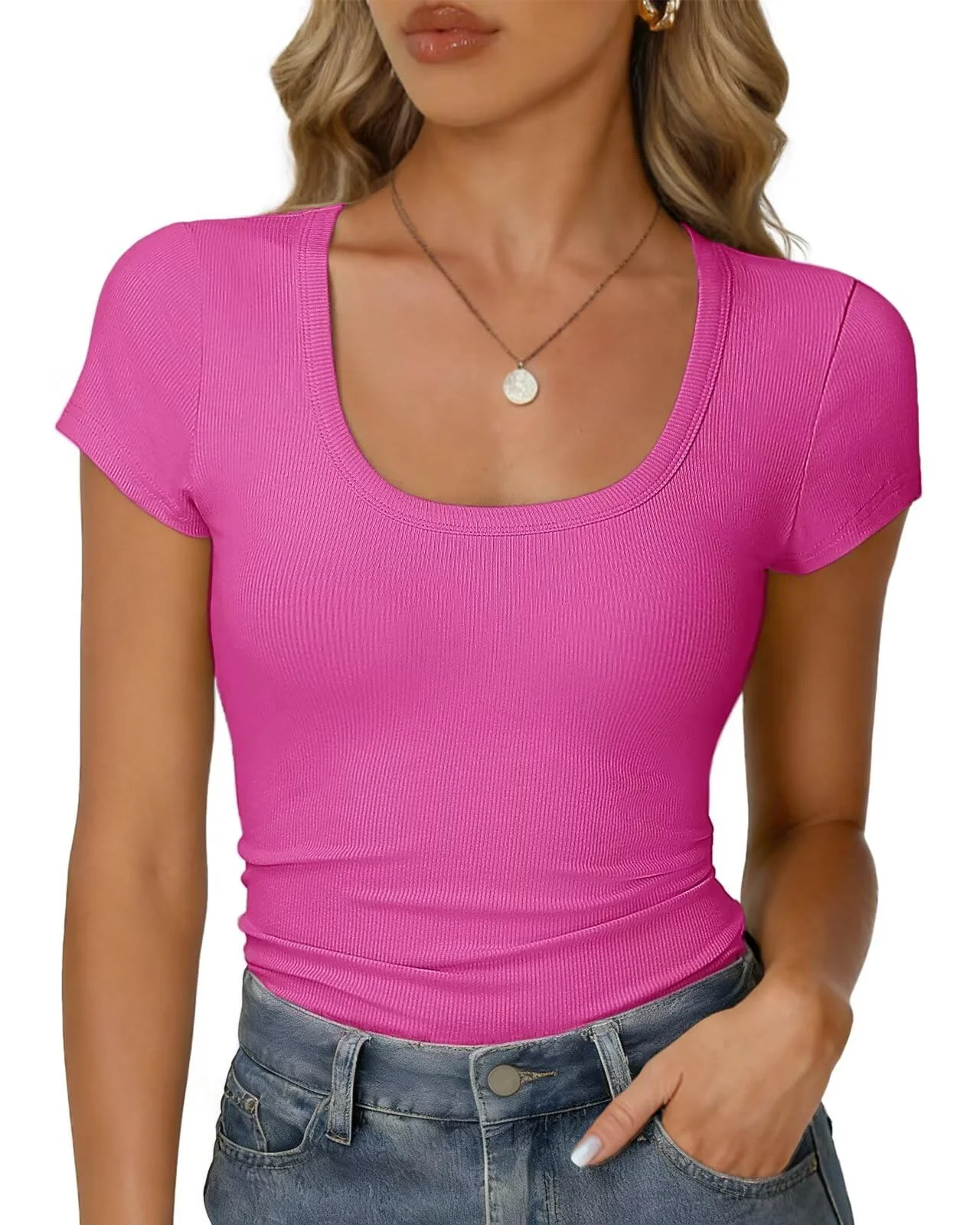 RIROW Damen Sommer T-Shirt Basic V-Ausschnitt Kurzarm Rippstoff Figurbetont Slim Fit Atmungsaktiv Elegant Y2K Top