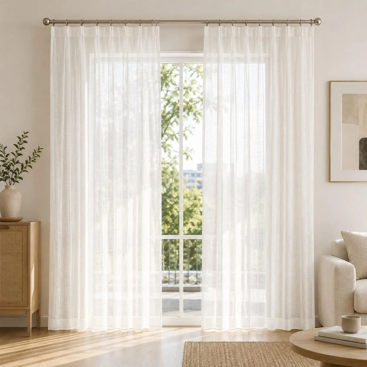 IDOL Leinenoptik Gardine Weiß mit Kräuselband Bleiband – Halbtransparenter Vorhang für Gardinenschienen Schienensysteme, Lichtdurchlässig mit Sichtschutz, für Wohnzimmer Schlafzimmer(HxB 180x300 cm)