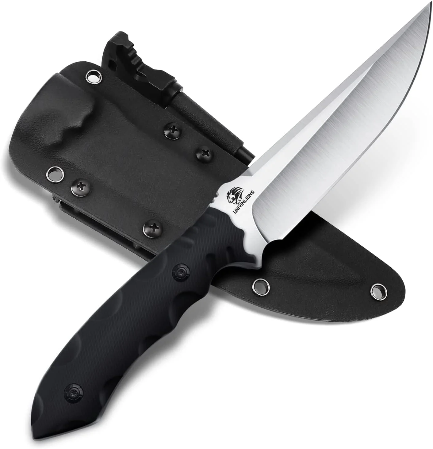 univinlions Survival Messer Outdoor-Jagdmesser mit Feststehender Klinge | Bushcraft Messer mit Scheide und Feuerstahl D2 Stahl, Full Tang K10 Griff Outdoor Messer zum Wandern Bushcraft BBQ