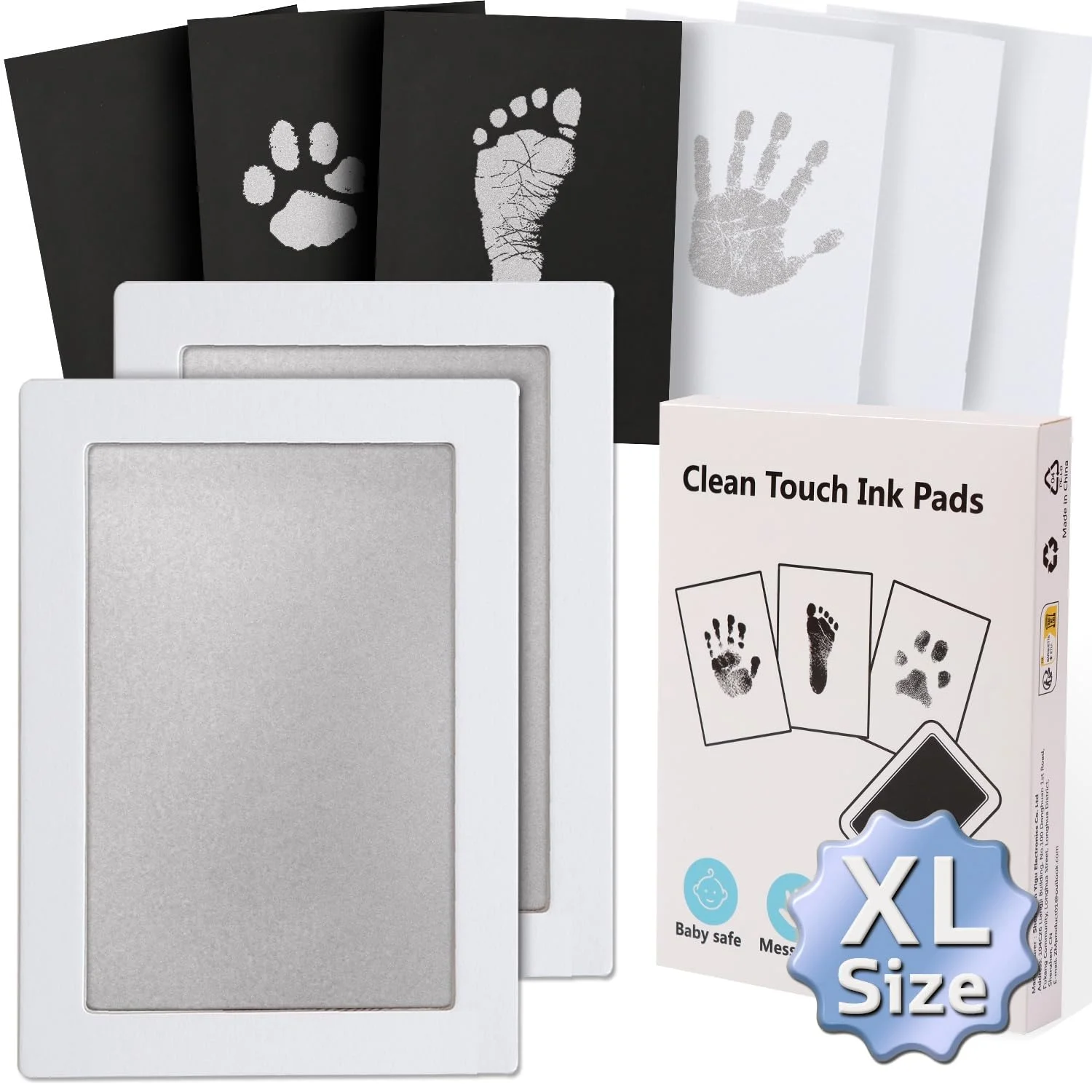 Zemiu Handabdruck und Fußabdruck Baby Abdruckset,Handabdruck Baby Ideale Größe bis zu Baby 0-18 Monaten 10cm x 15cm, 2 Pcs Clean Touch Stempelkissen für Neugeborene/Baby Shower-Silber
