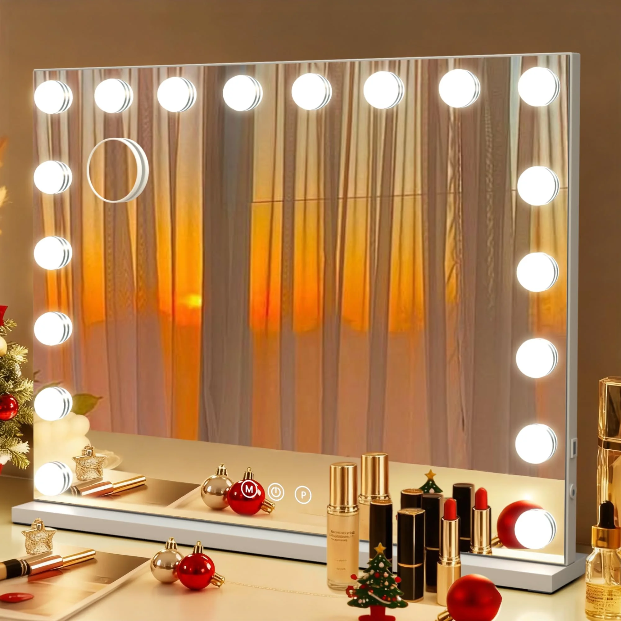 Hollywood Schminkspiegel Spiegel mit Beleuchtung, 80×60 cm, 18 LED-Lampen, 3 Lichtmodi, 10× Vergrößerung, stufenlos dimmbar, USB-Ladeanschluss, ideal für Schlafzimmer & Kosmetikbereich (18LED-80x60)