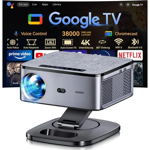 Beamer 4K【1500 ANSI & Google TV/Autofokus】 Full HD 1080P 38000 Lumen XIWBSY Smart Beamer mit WiFi 6, Bluetooth 5, Sprachassistent, Heimkino & Outdoor Projektor