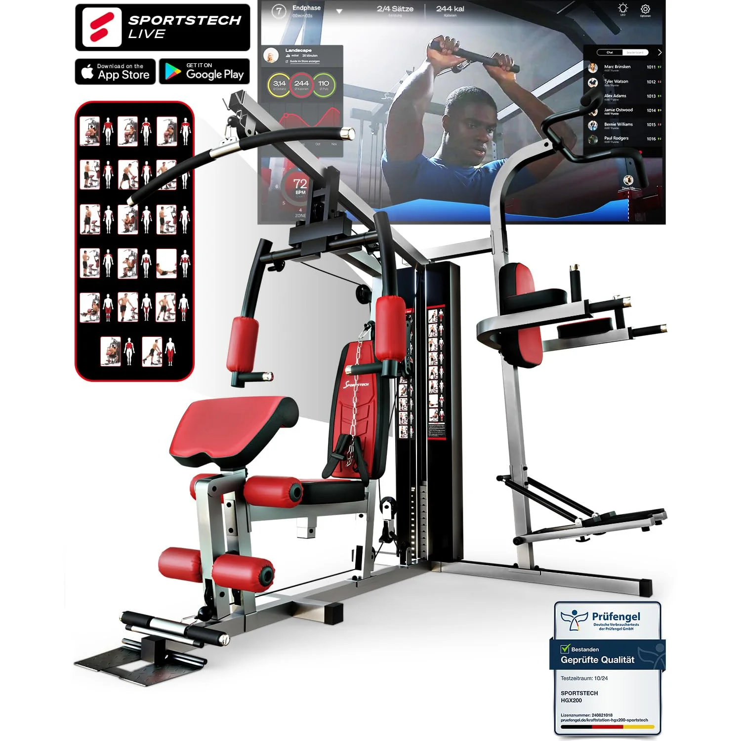 Sportstech, Kraftstation + über 40 abwechslungsreiche Übungen HGX150 | Kraftstation für Zuhause mit Beinpresse, Powertower & Homegym, bis 70 kg Gewichte, ideal fürs Krafttraining zuhause