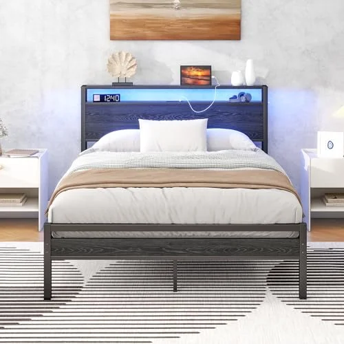 HOJINLINERO Bettgestell mit Stauraum Kopfteil,Metallbett 90x200 Bett mit Lattenrost aus Metall,Stauraumbett Bett Jugendbett,Bed Frame,Schwarz