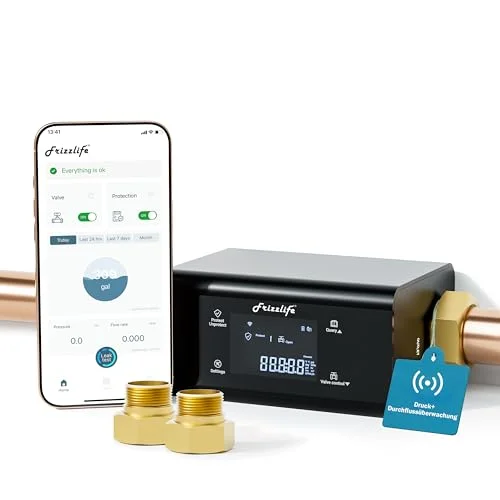 Frizzlife Wassermelder WLAN, Smart Wassermelder mit automatischer Abschaltung, App-Warnungen (2.4Ghz & 5Ghz), Wassersensor für Küche, Badezimmer, Keller, Wasserdicht nach IP67, 3/4" & 1" Rohre